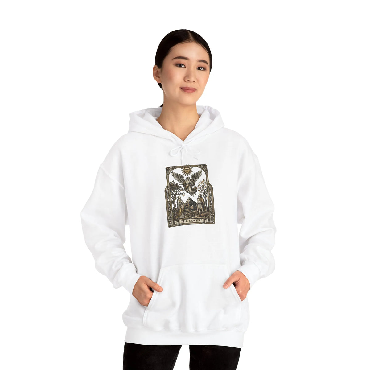 The Lovers Tarot Card Hoodie - Medium-Weight Fleece Pullover - Unisex White
