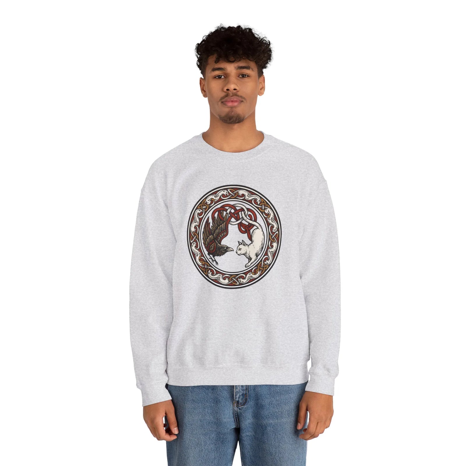Norse Woodcut Cat & Raven Sweatshirt - Classic Fit Heavy Blend Crewneck - Unisex White