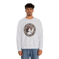 Norse Woodcut Cat & Raven Sweatshirt - Classic Fit Heavy Blend Crewneck - Unisex White