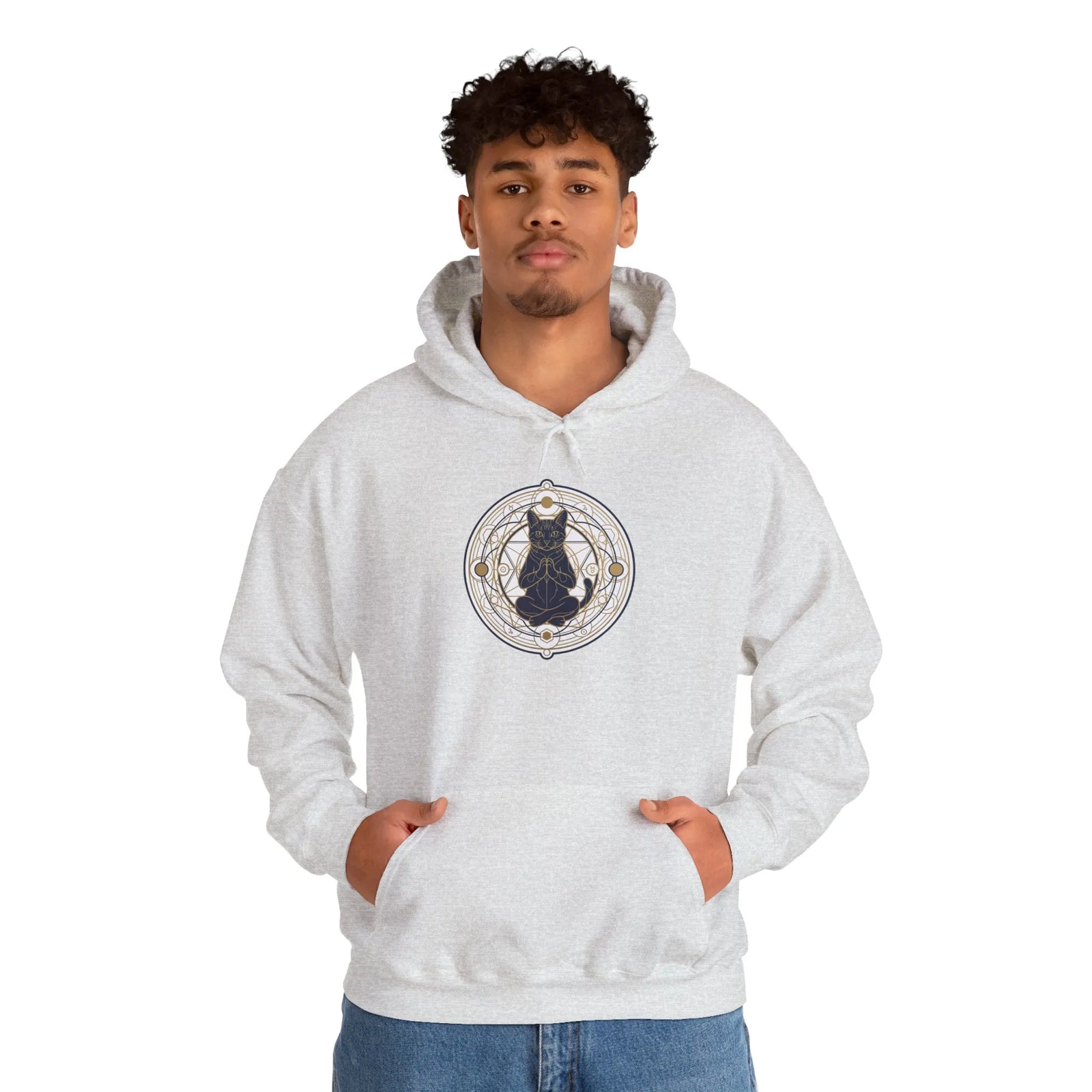 Meditating Cat Sacred Geometry Hoodie - Heavy Blend Fleece Pullover - Unisex White