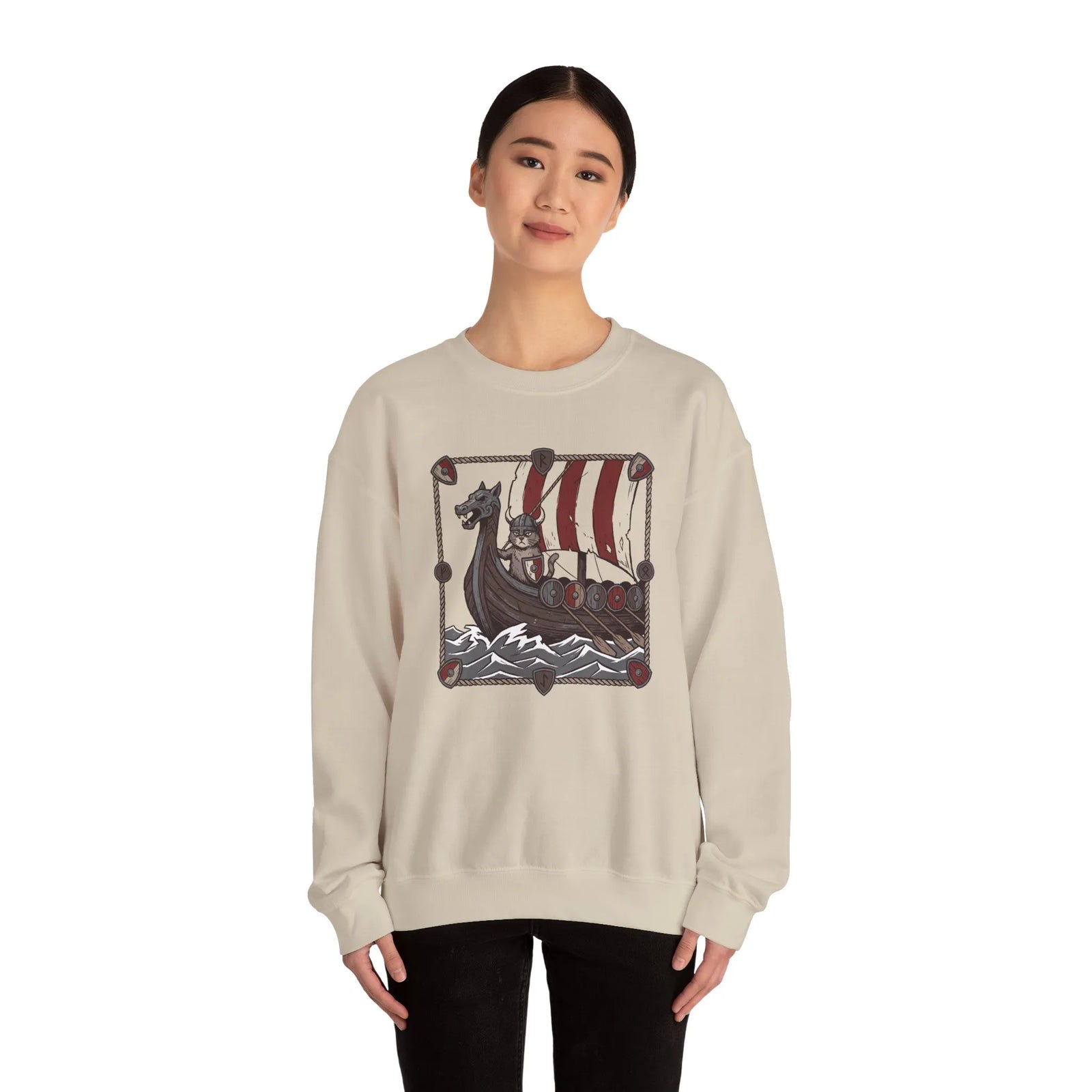 Longship Prow Viking Berserker Cats Sweatshirt - Heavyweight Cotton Blend Crewneck - Unisex White
