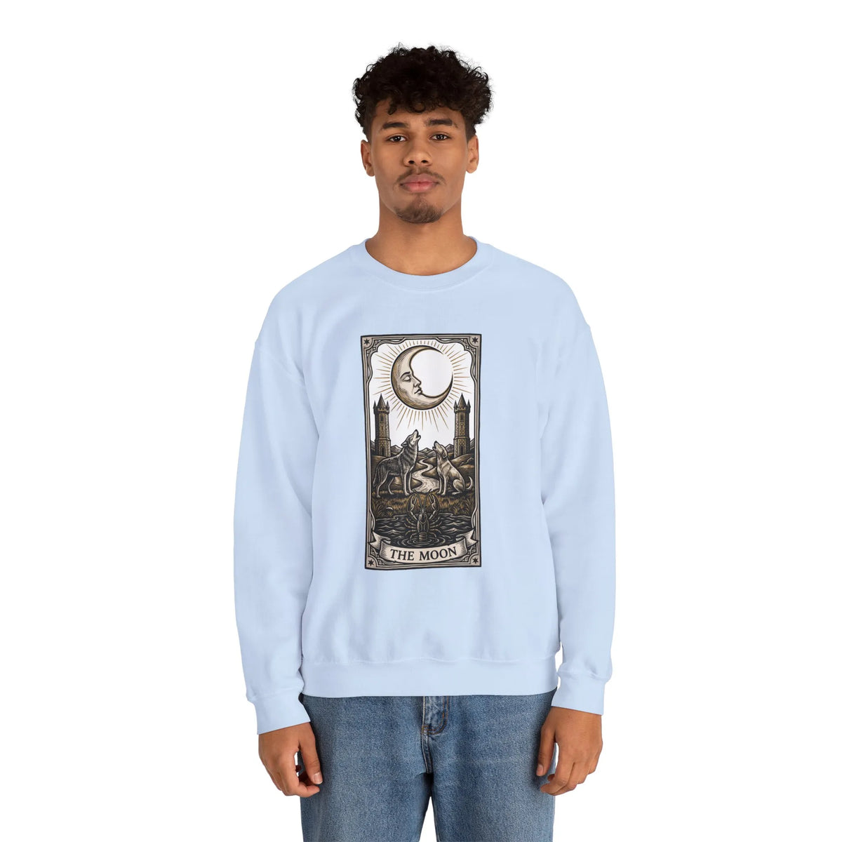 Moon Tarot Card Wolves Graphic Sweatshirt - Heavy Blend Fleece Crewneck - Unisex White