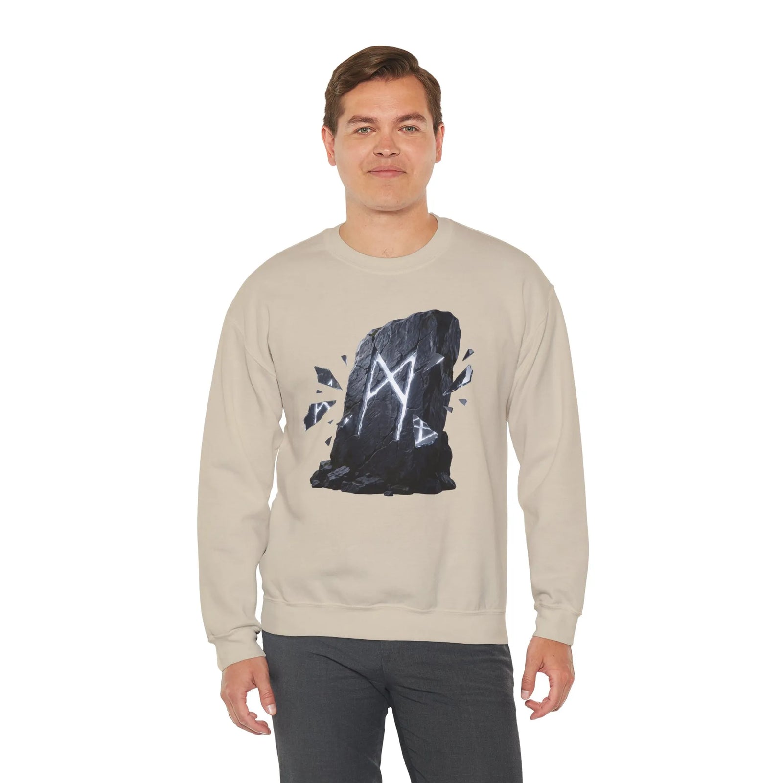 Mannaz Rune Stone Graphic Sweatshirt - Heavy Blend Crewneck Pullover - Unisex Off White