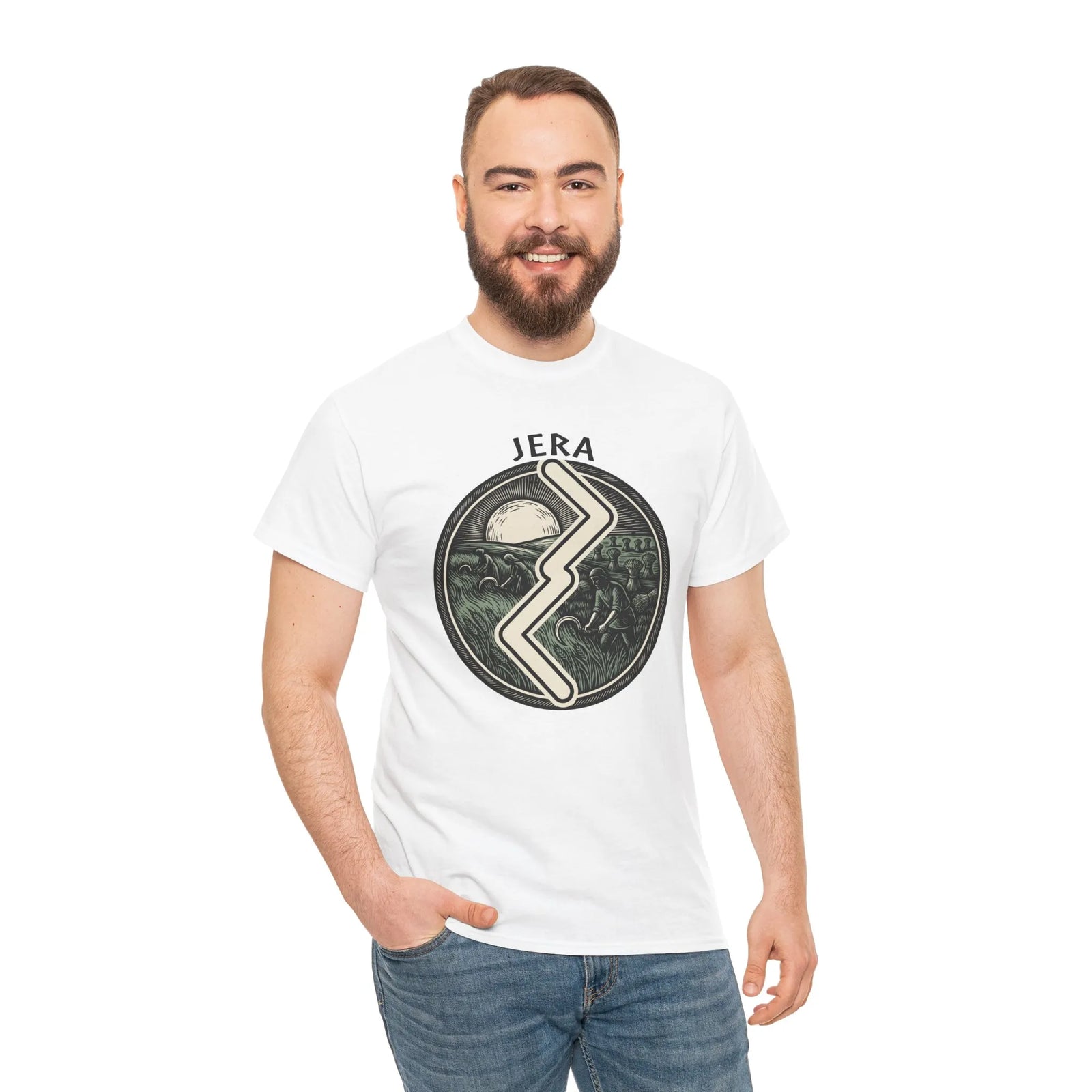 Jera Rune Harvest Reaping T-Shirt - Medium Weight Cotton Classic Fit Tee - Unisex White
