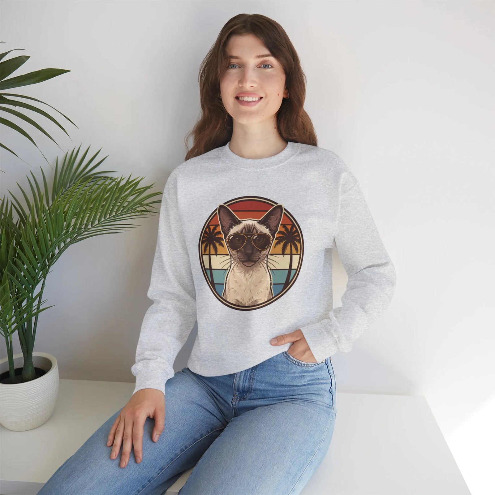 Siamese Cat 70s Sunset Aviator Sweatshirt - Heavy Blend Cotton Blend Crewneck - Unisex White