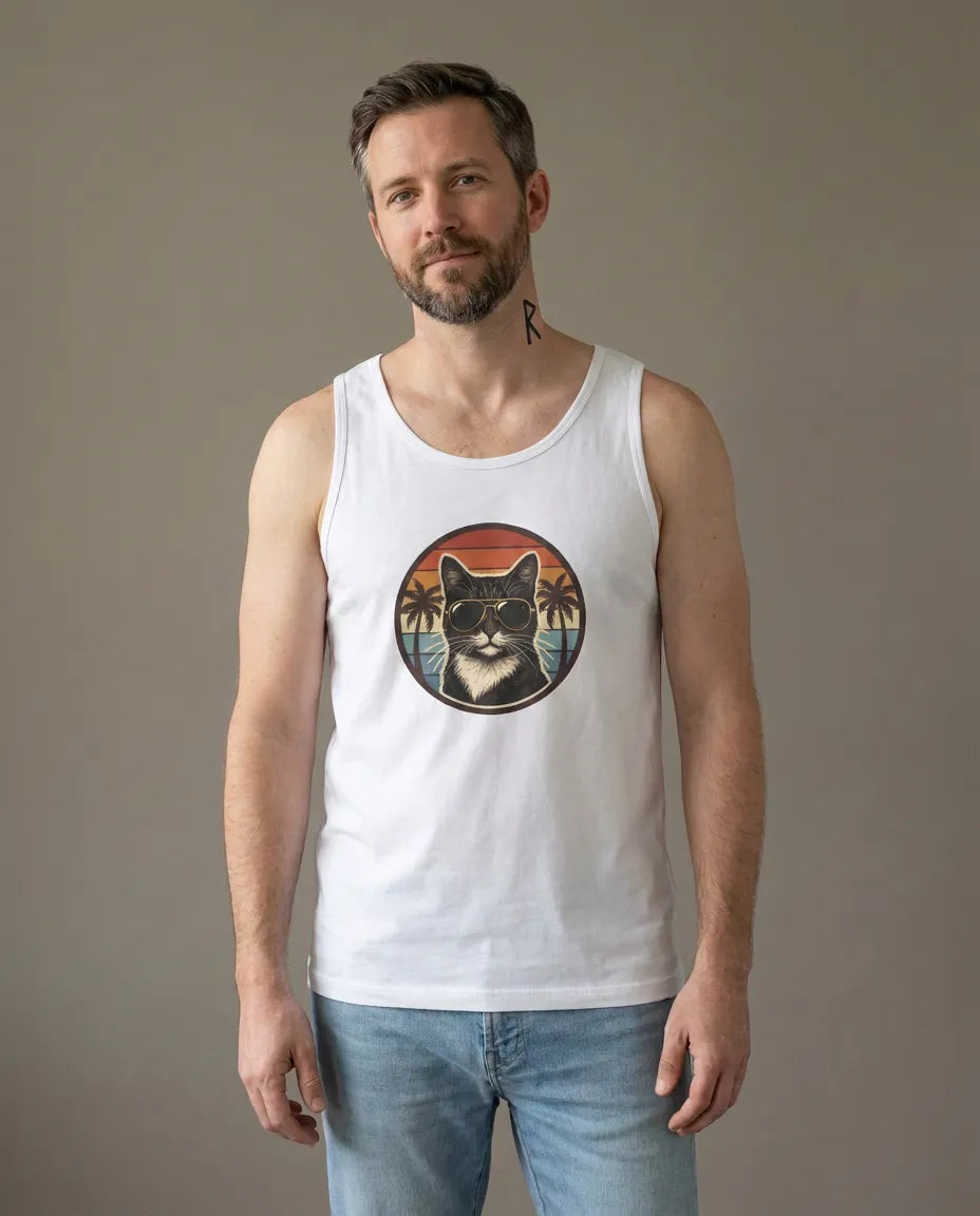 Cool Cats 70s Sunset Aviator Tank Top - Lightweight Airlume Cotton Jersey - Unisex White