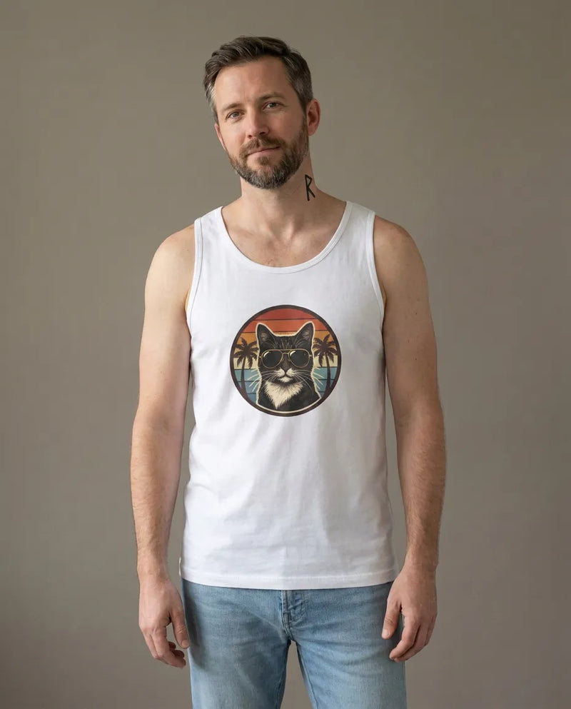 Cool Cats 70s Sunset Aviator Tank Top - Lightweight Airlume Cotton Jersey - Unisex White