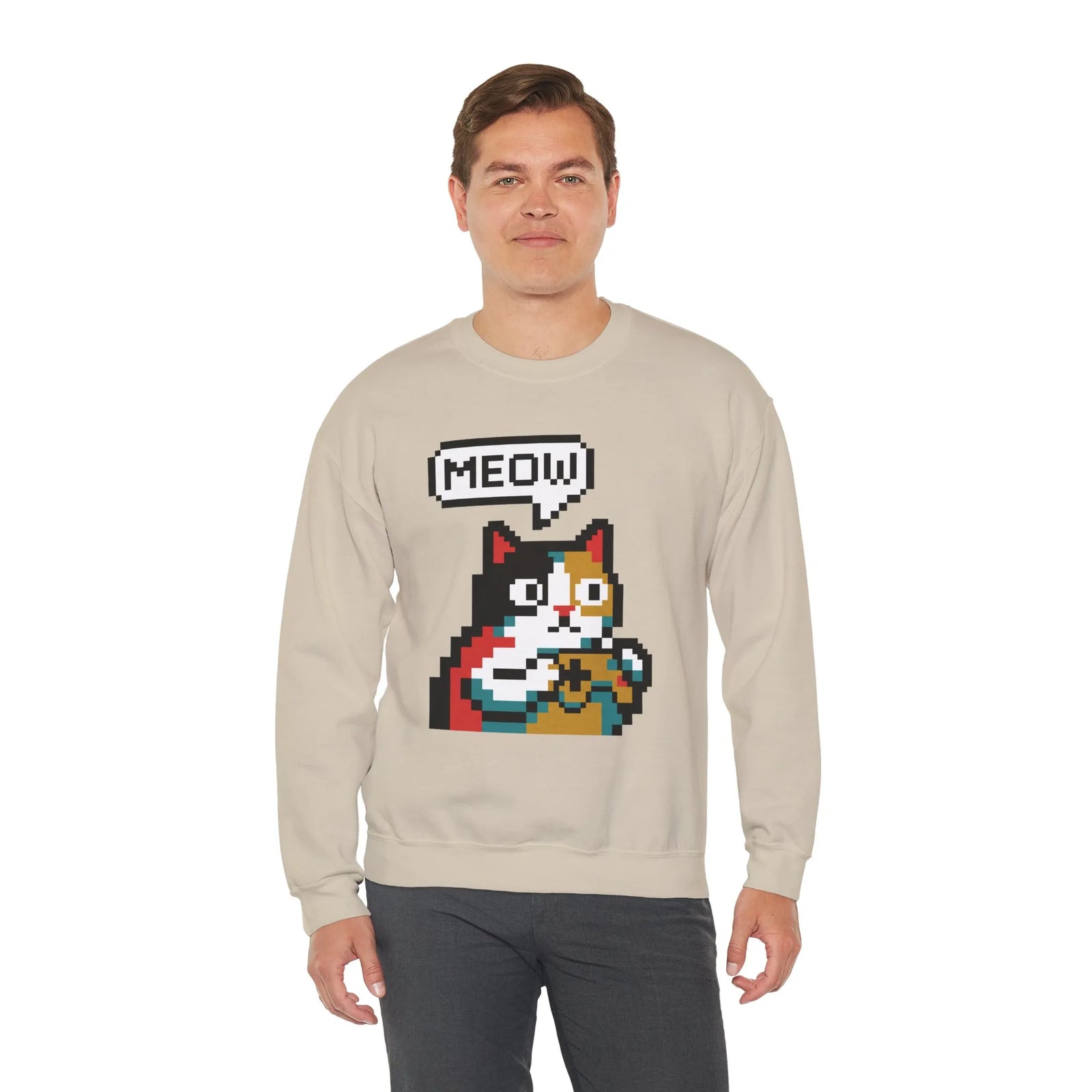 8-Bit Pixel Gaming Cat Sweatshirt - Heavy Blend Crewneck Classic Fit - Unisex White