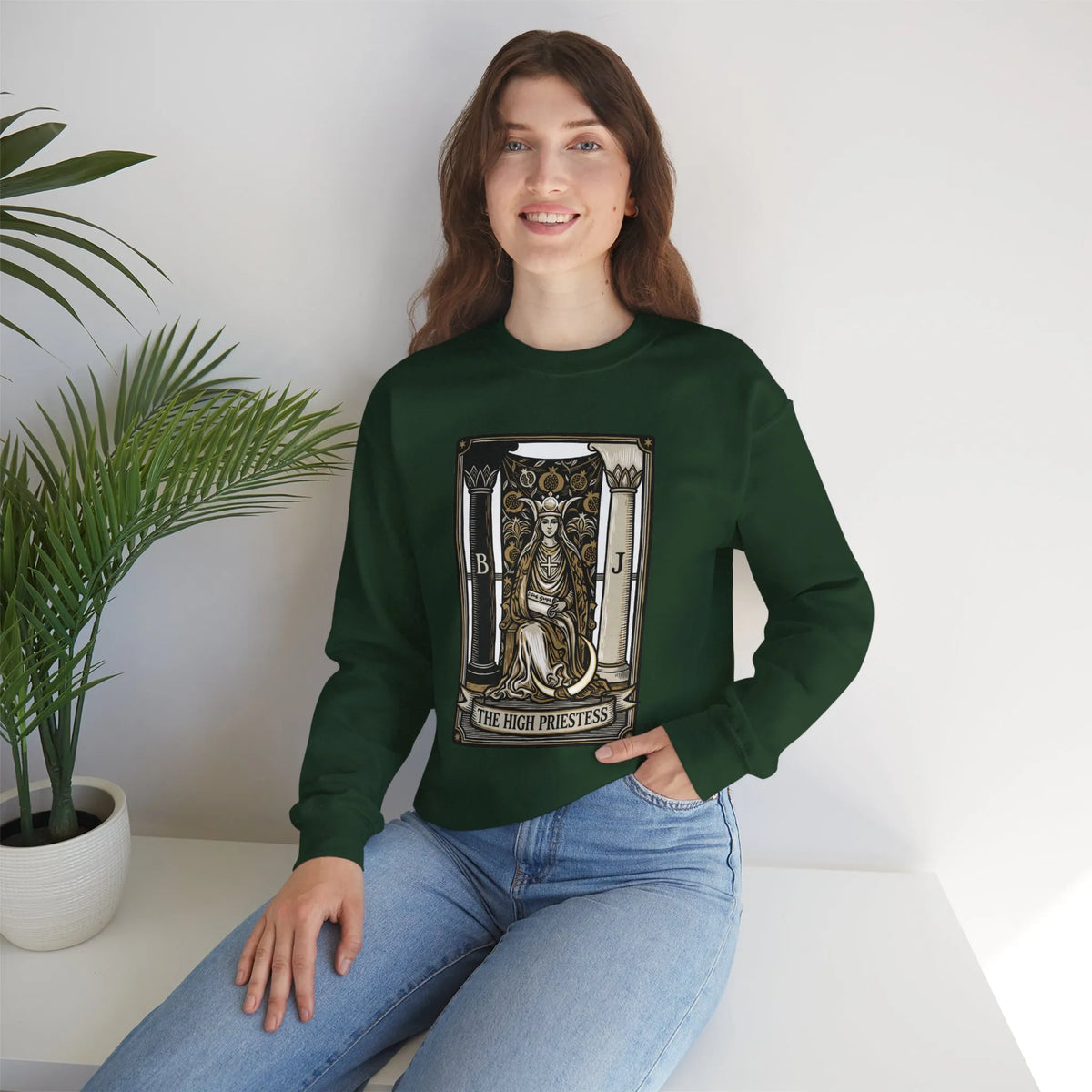 The High Priestess Tarot Card Sweatshirt - Heavy Blend Fleece Crewneck - Unisex White