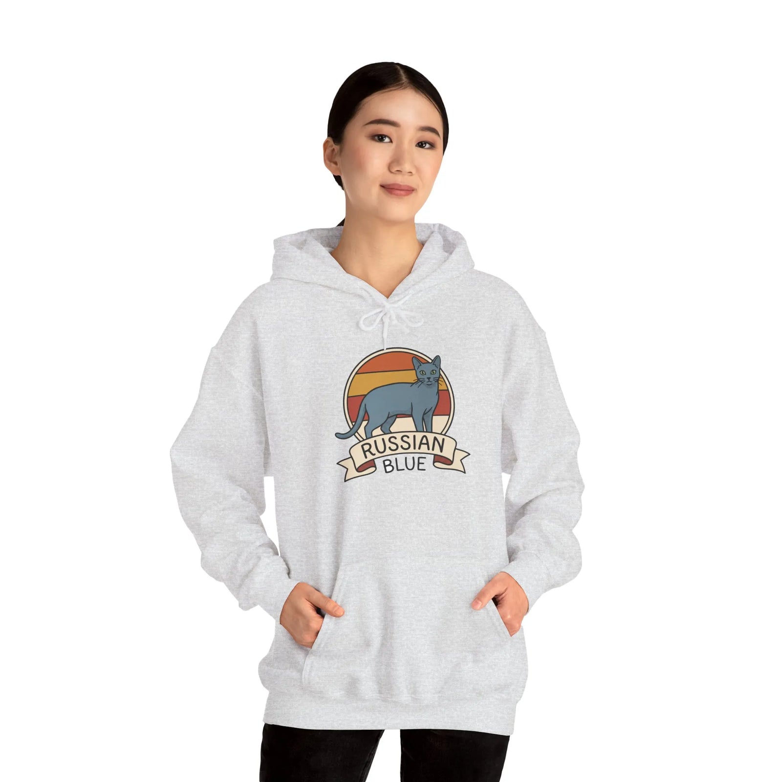 Russian Blue Cat Retro Sunset Hoodie - Heavy Blend Cotton Blend Pullover - Unisex White