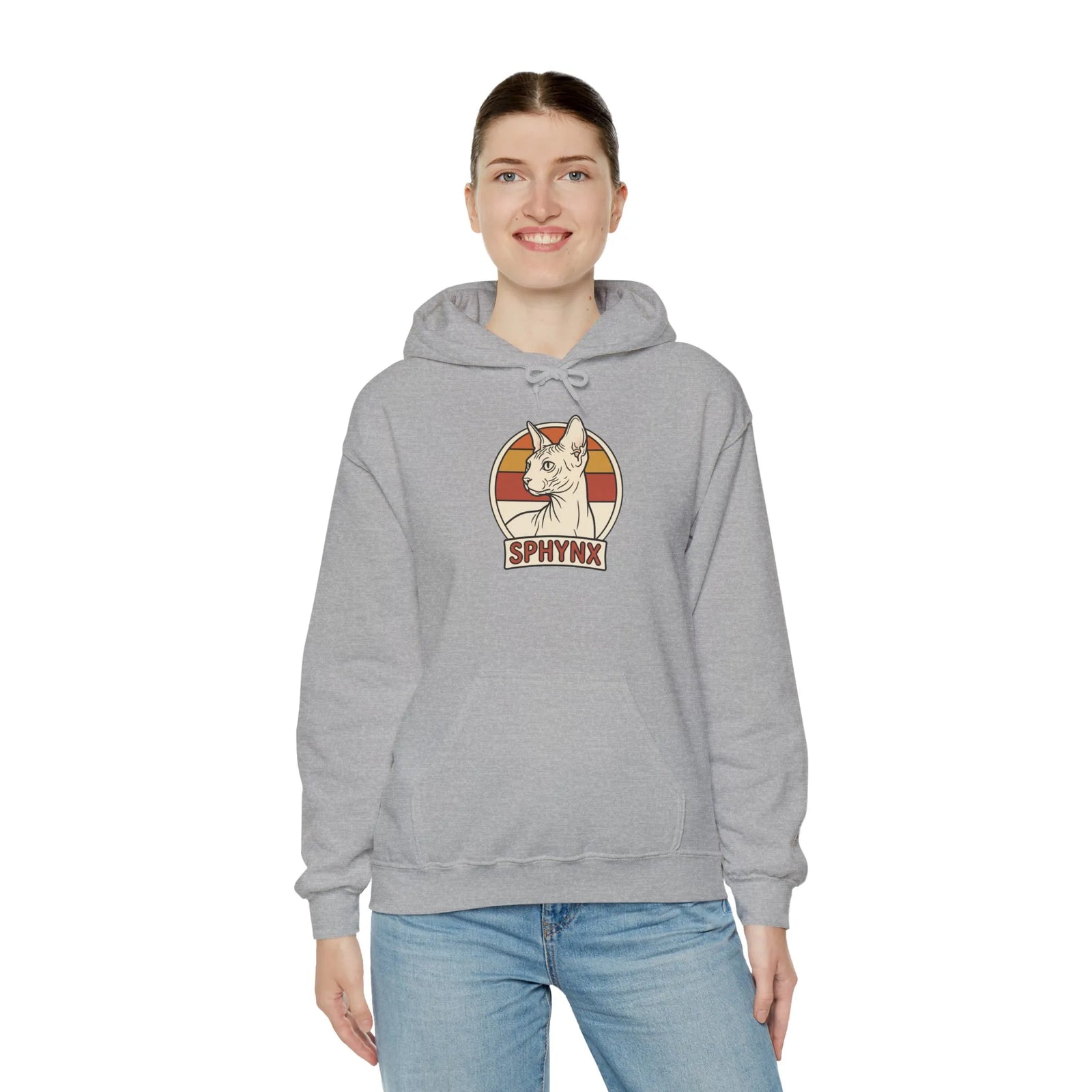 Sphynx Cat Retro Sunset Hoodie - Soft Blend Fleece Pullover - Unisex Ash
