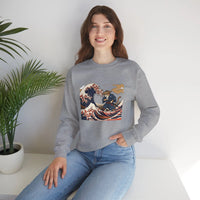 Ukiyo-e Samurai Cat Great Wave Sweatshirt - Heavy Blend Cotton Blend Crewneck - Unisex White