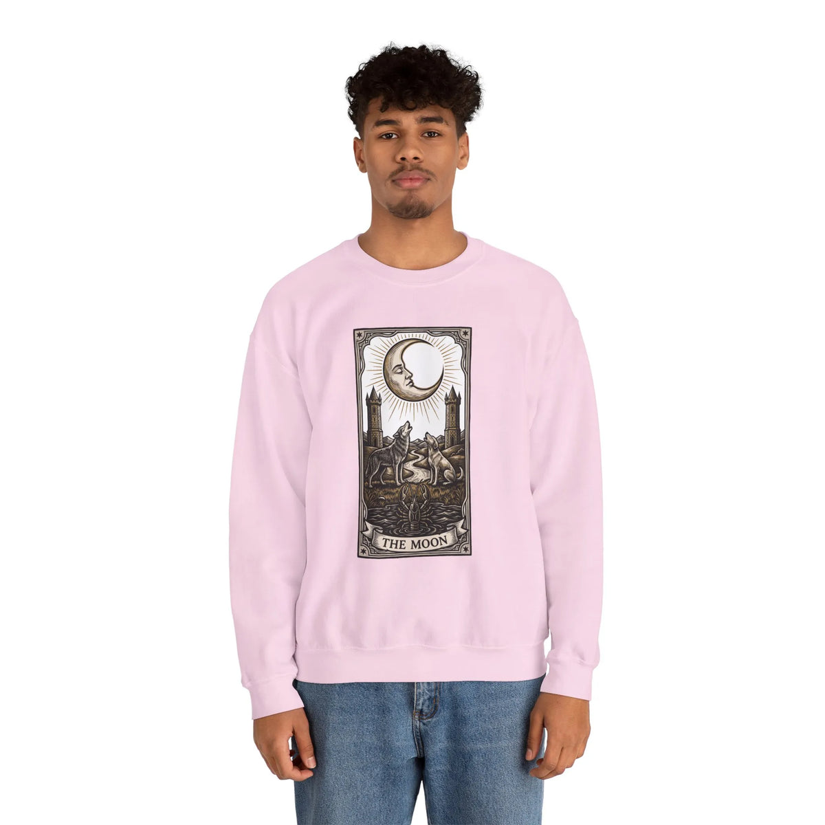 Moon Tarot Card Wolves Graphic Sweatshirt - Heavy Blend Fleece Crewneck - Unisex White