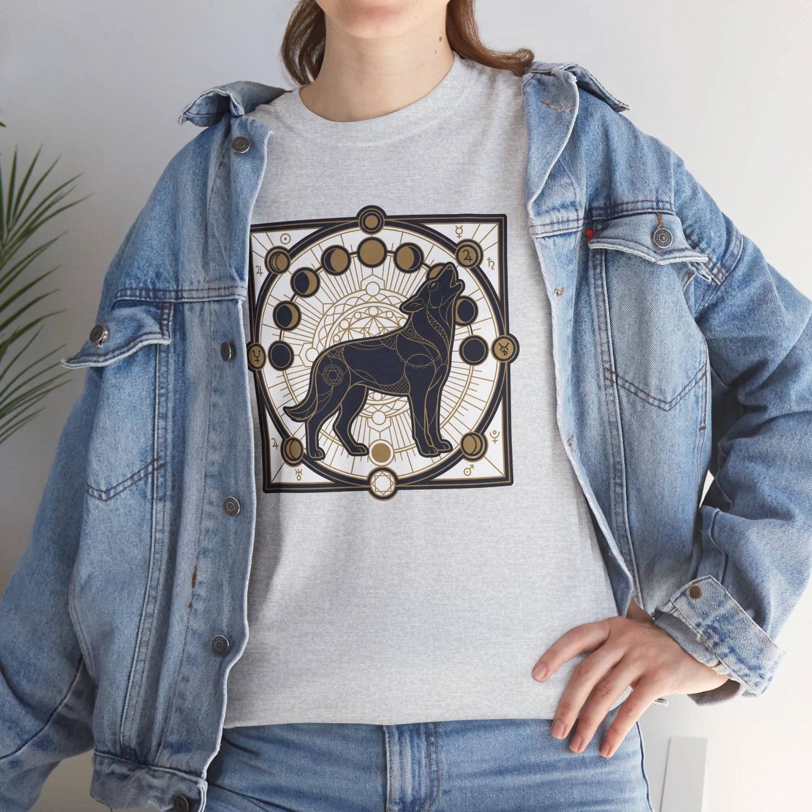 Sacred Geometry Spirit Dog Howl T-Shirt - Heavyweight Cotton Classic Fit Tee - Unisex White