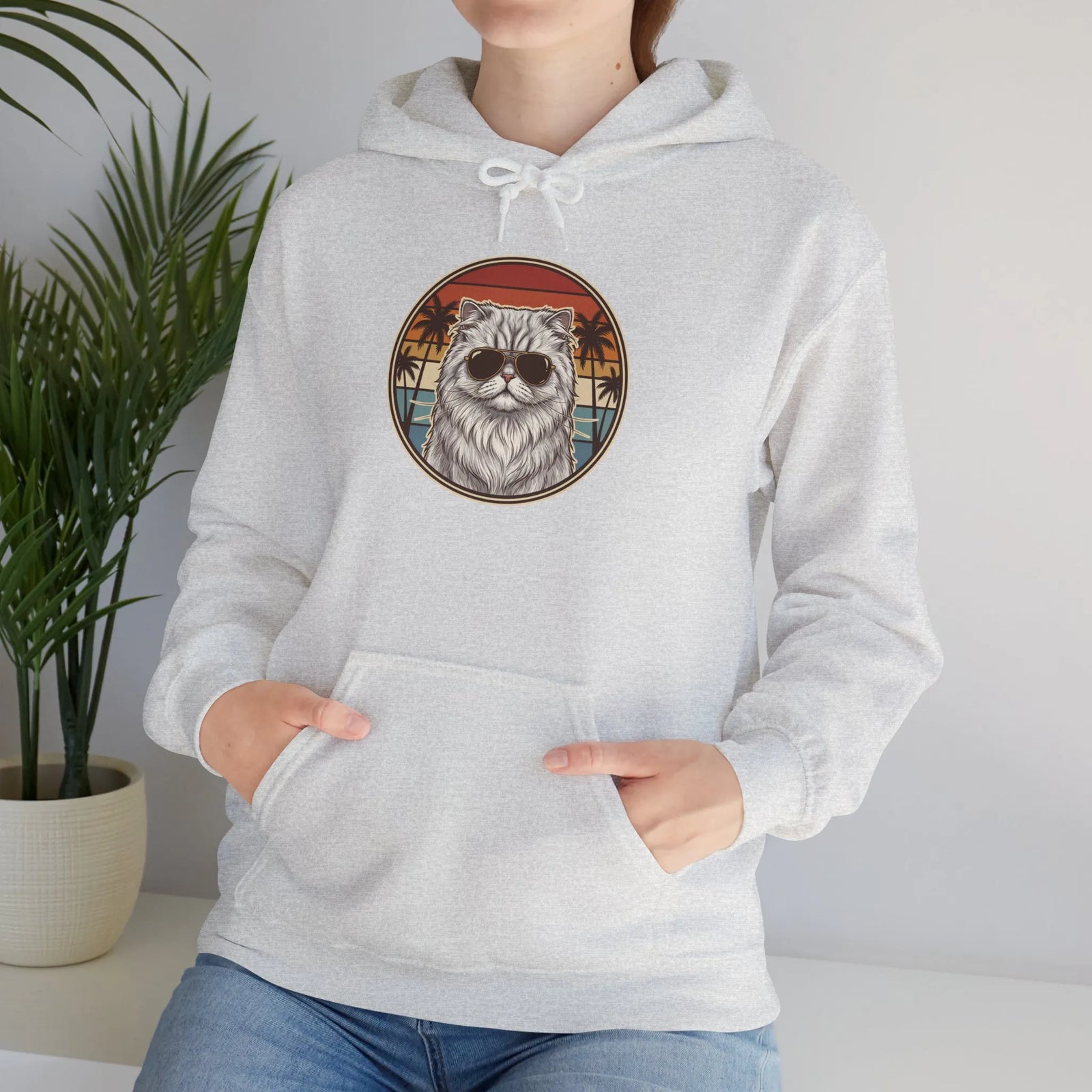 Persian Cat 70s Sunset Aviators Hoodie - Soft Cotton-Poly Blend Pullover - Unisex White