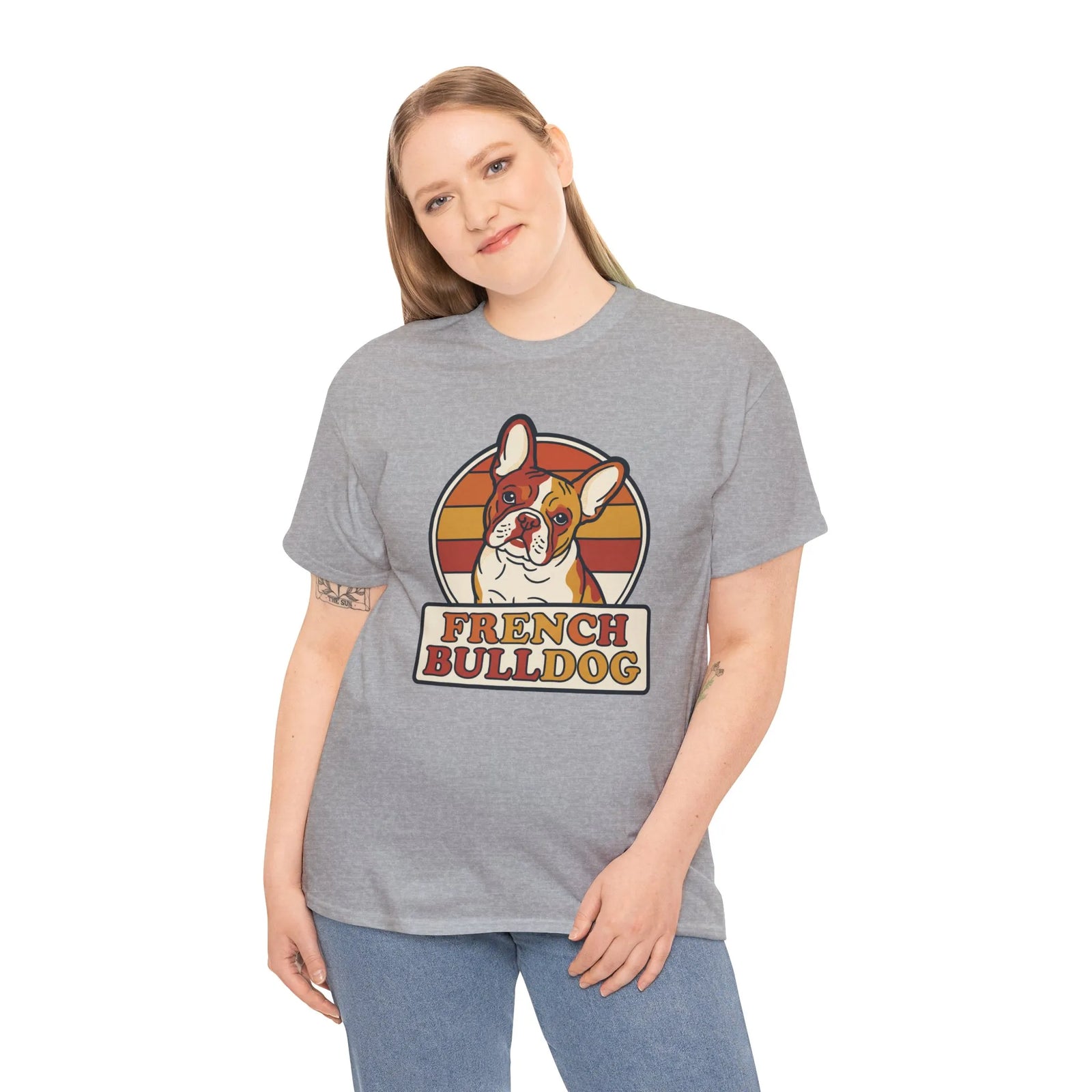 French Bulldog Retro 70s Sunset T-Shirt - Heavy Cotton Classic Fit Tee - Unisex White