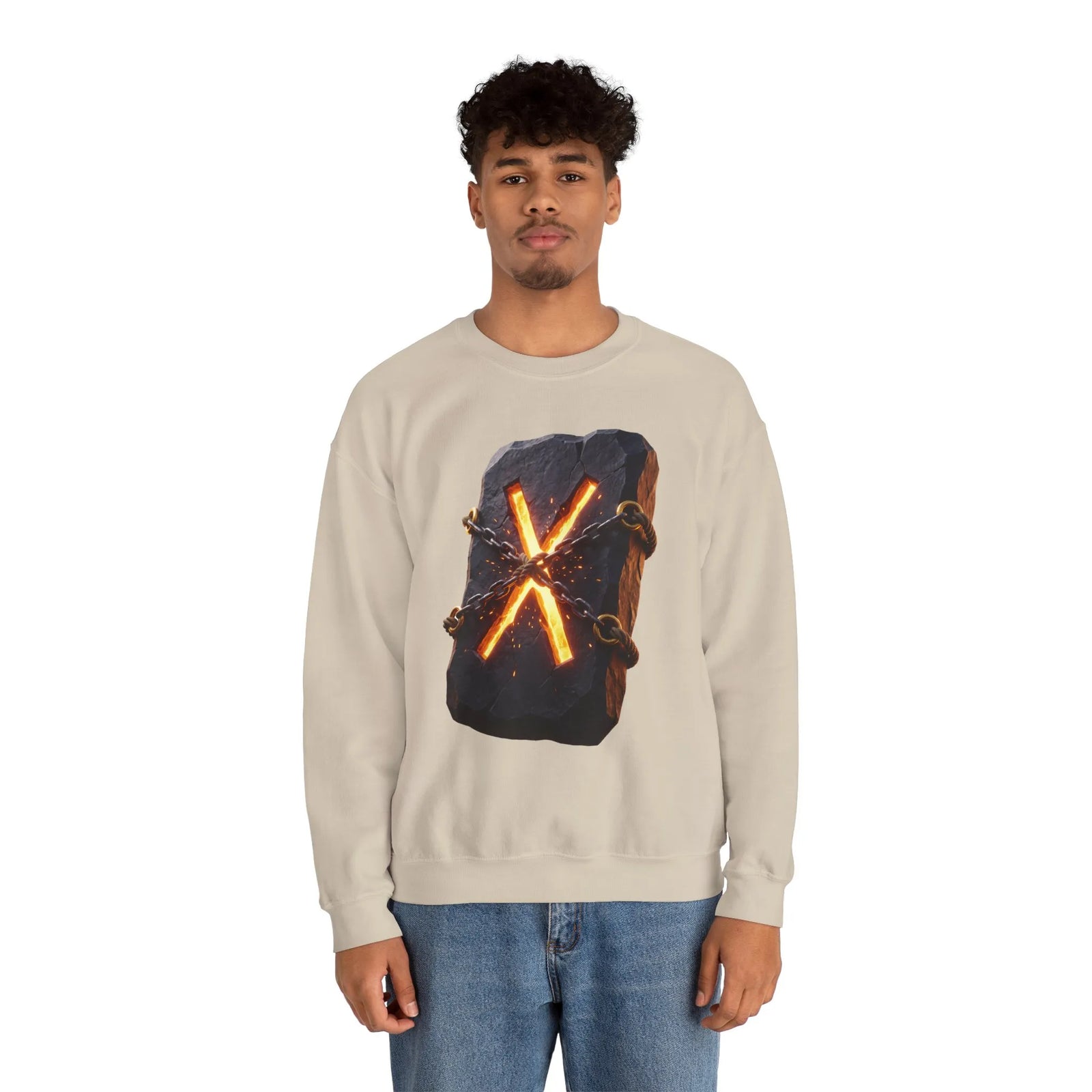 Gebo Rune Stone Graphic Sweatshirt - Medium Heavy Fleece Crewneck - Unisex White