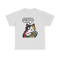 Player One 8-Bit Pixel Gaming Cats T-Shirt - Heavyweight 100% Cotton Tee - Unisex White