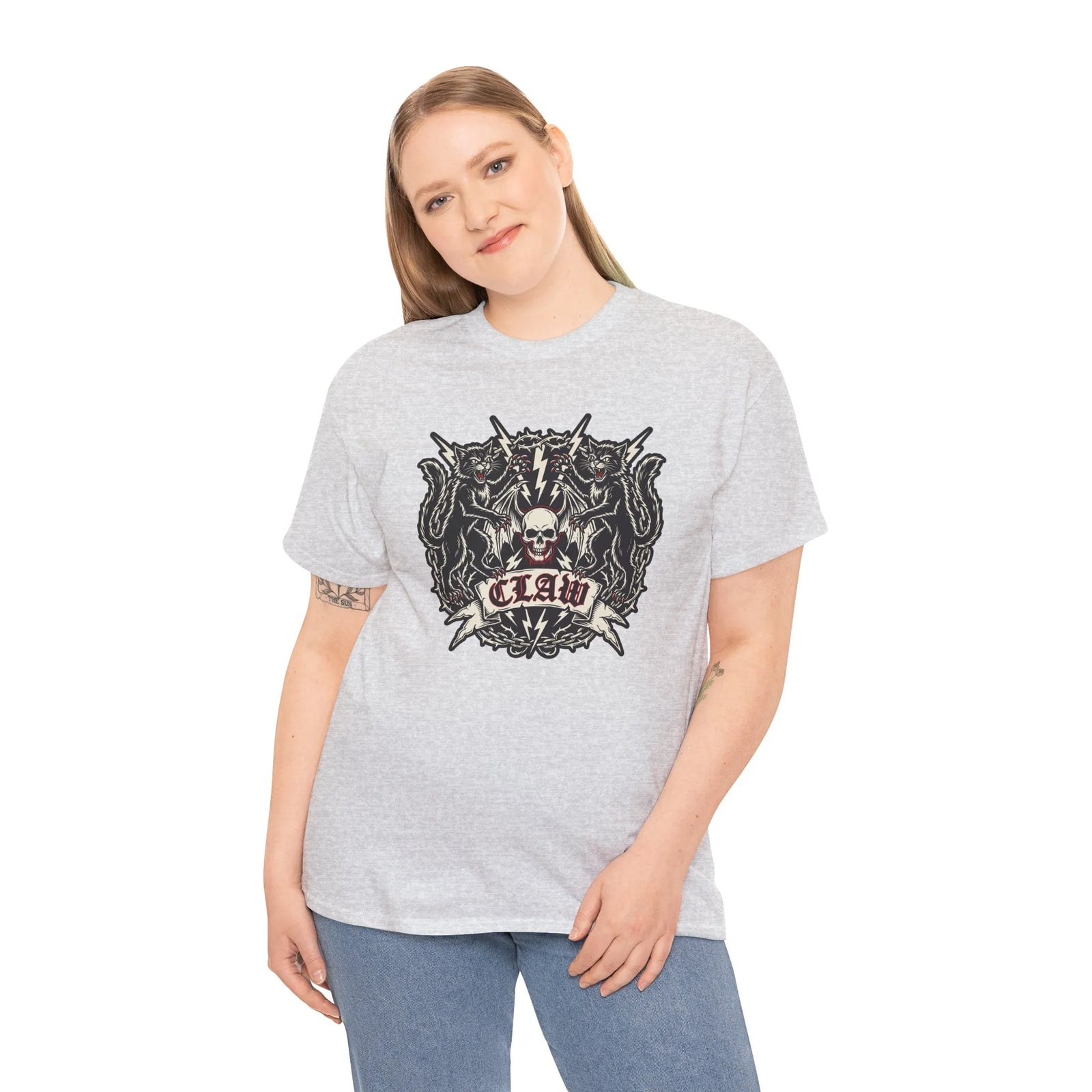Heavy Metal Rocker Cats Band Crest T-Shirt - Heavy Cotton Classic Fit Tee - Unisex White