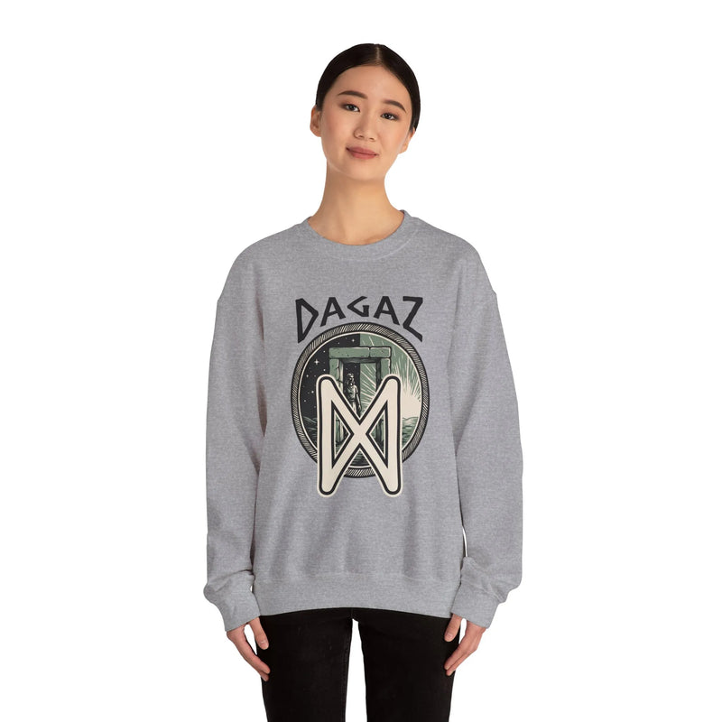 Dagaz Rune Dawn Dusk Graphic Sweatshirt - Heavyweight Cotton Poly Blend Crewneck - Unisex White