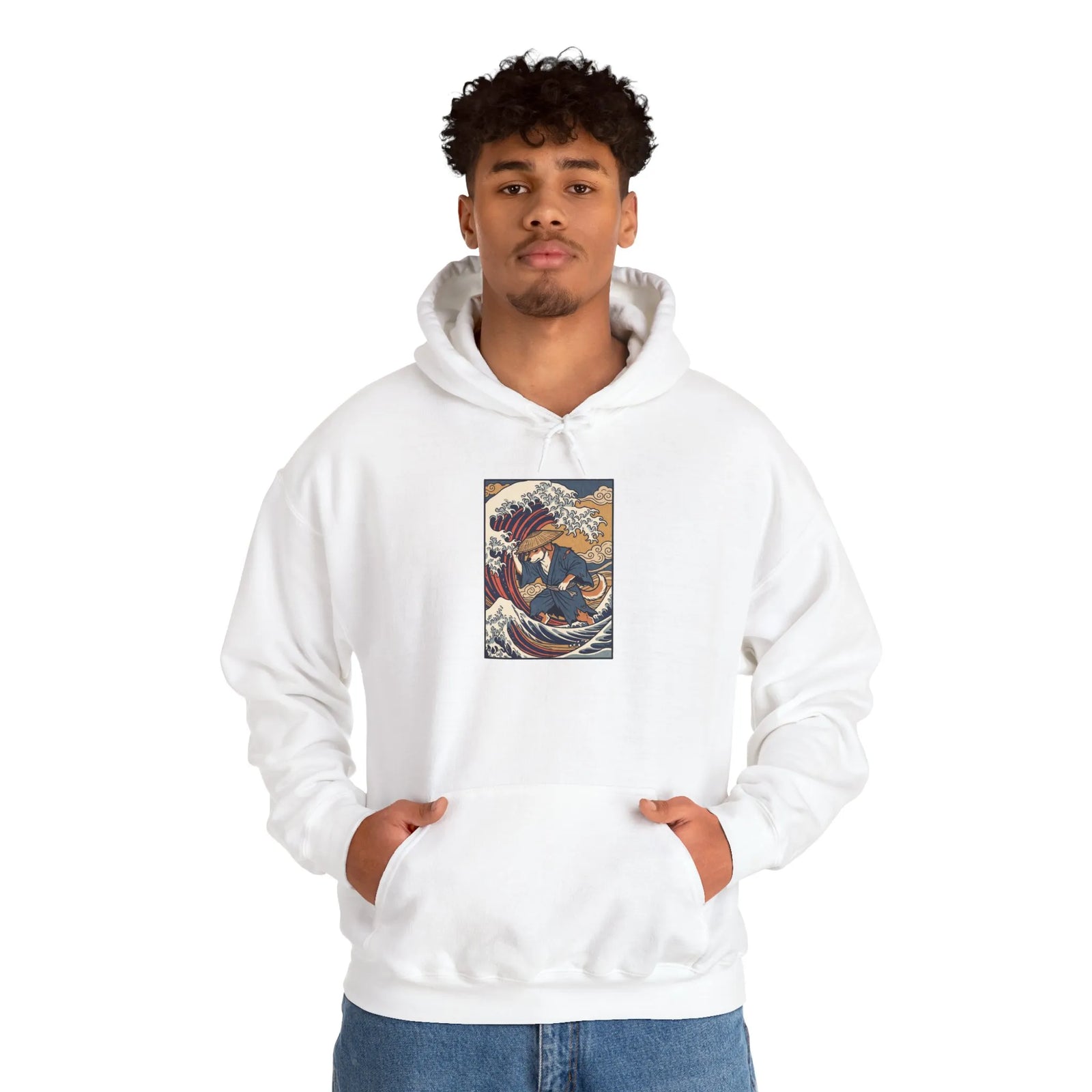 Ronin Wave Samurai Dog Hoodie - Heavy Blend Cotton Poly Fleece - Unisex White