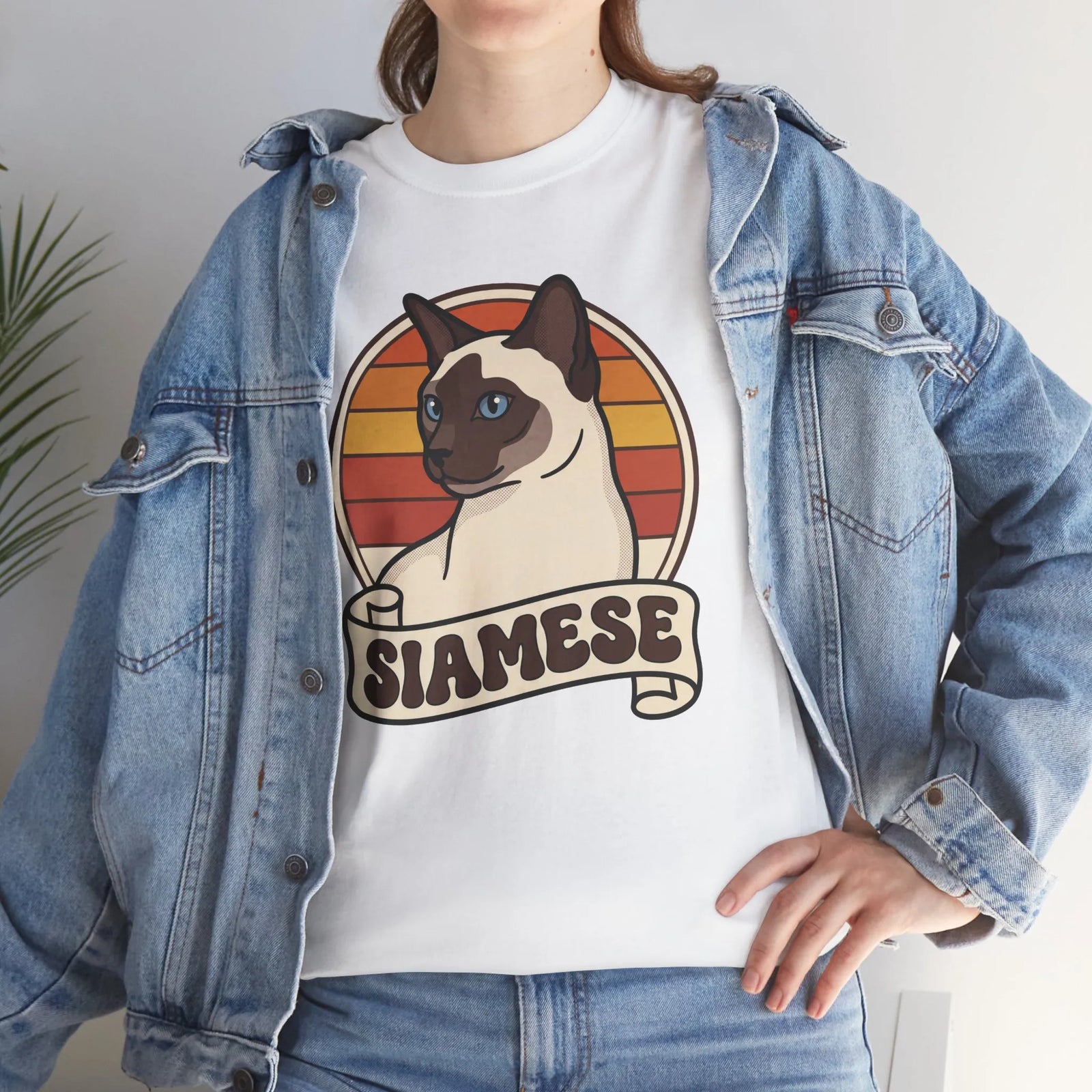 Siamese Cat Retro 70s Sunset T-Shirt - Heavy Cotton Classic Fit Tee - Unisex White