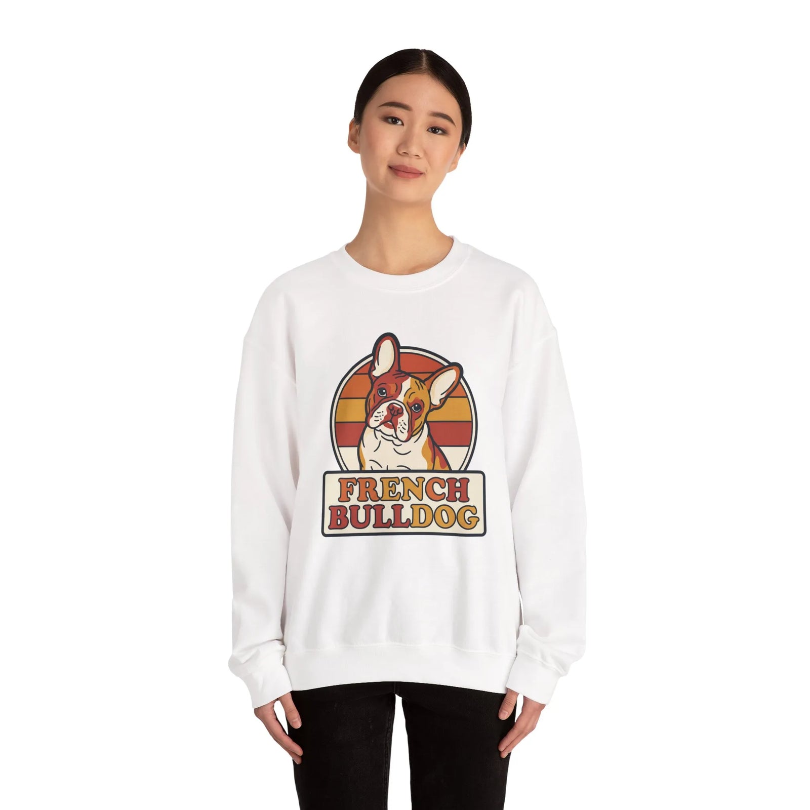 French Bulldog Retro Sunset Sweatshirt - Heavy Blend Classic Fit Crewneck - Unisex White