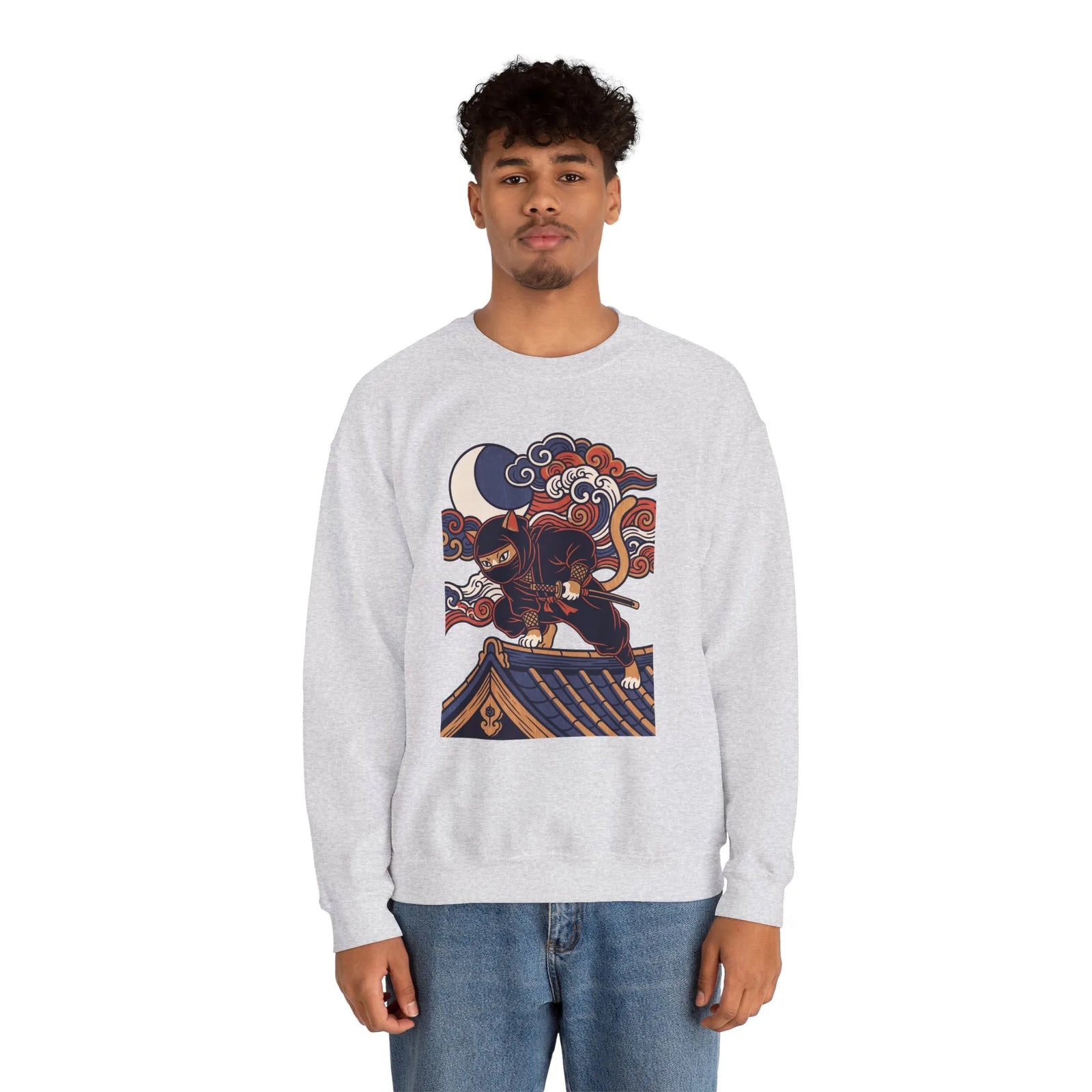 Ninja Cat Ukiyo-e Samurai Sweatshirt - Soft Heavyweight Fleece Crewneck - Unisex White