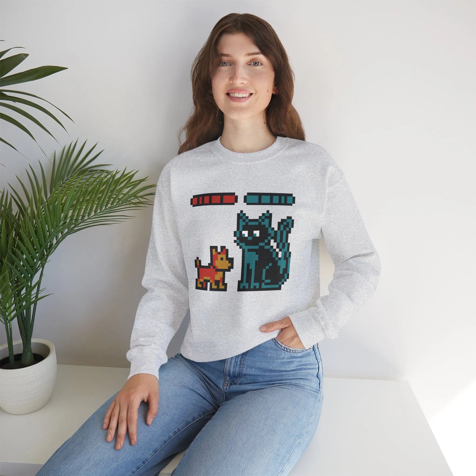 Pixel Gaming Dogs Boss Fight Sweatshirt - Heavy Blend Fleece Crewneck - Unisex White