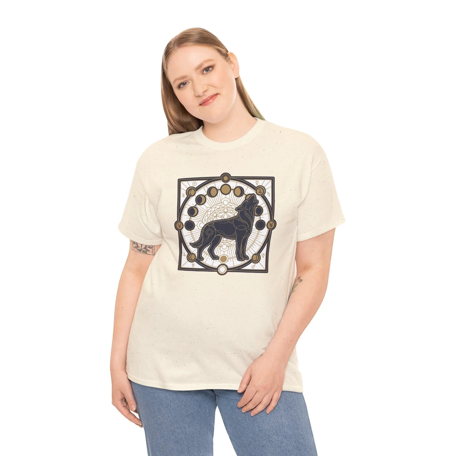 Sacred Geometry Spirit Dog Howl T-Shirt - Heavyweight Cotton Classic Fit Tee - Unisex White
