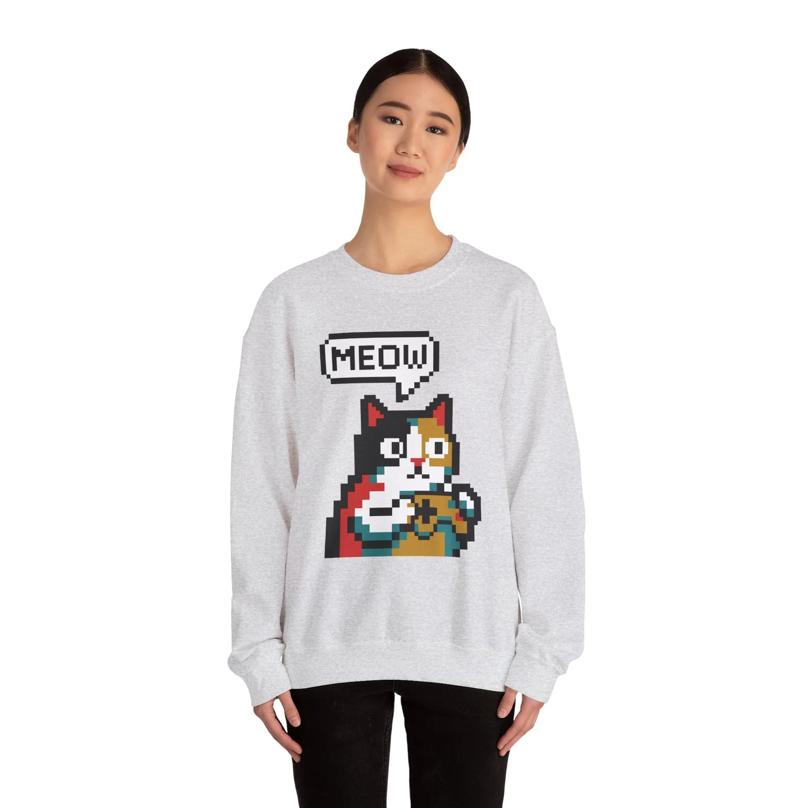 8-Bit Pixel Gaming Cat Sweatshirt - Heavy Blend Crewneck Classic Fit - Unisex White