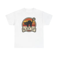 Black Cat Retro Sunset T-Shirt - Heavyweight 100% Cotton Classic Tee - Unisex White