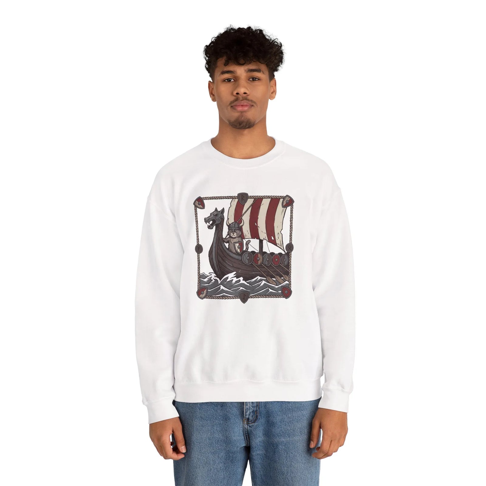 Longship Prow Viking Berserker Cats Sweatshirt - Heavyweight Cotton Blend Crewneck - Unisex White