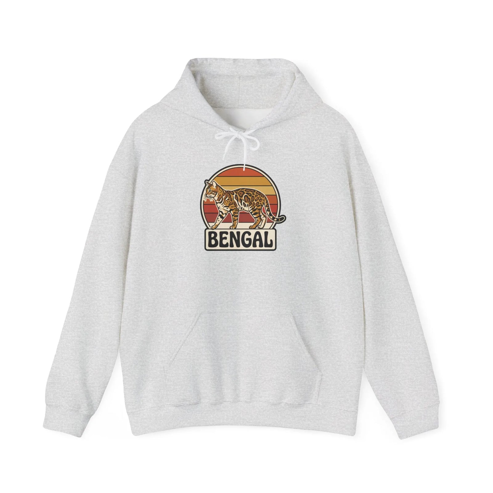 Retro 70s Sunset Bengal Cat Hoodie - Cozy Fleece Blend Pullover - Unisex Ash