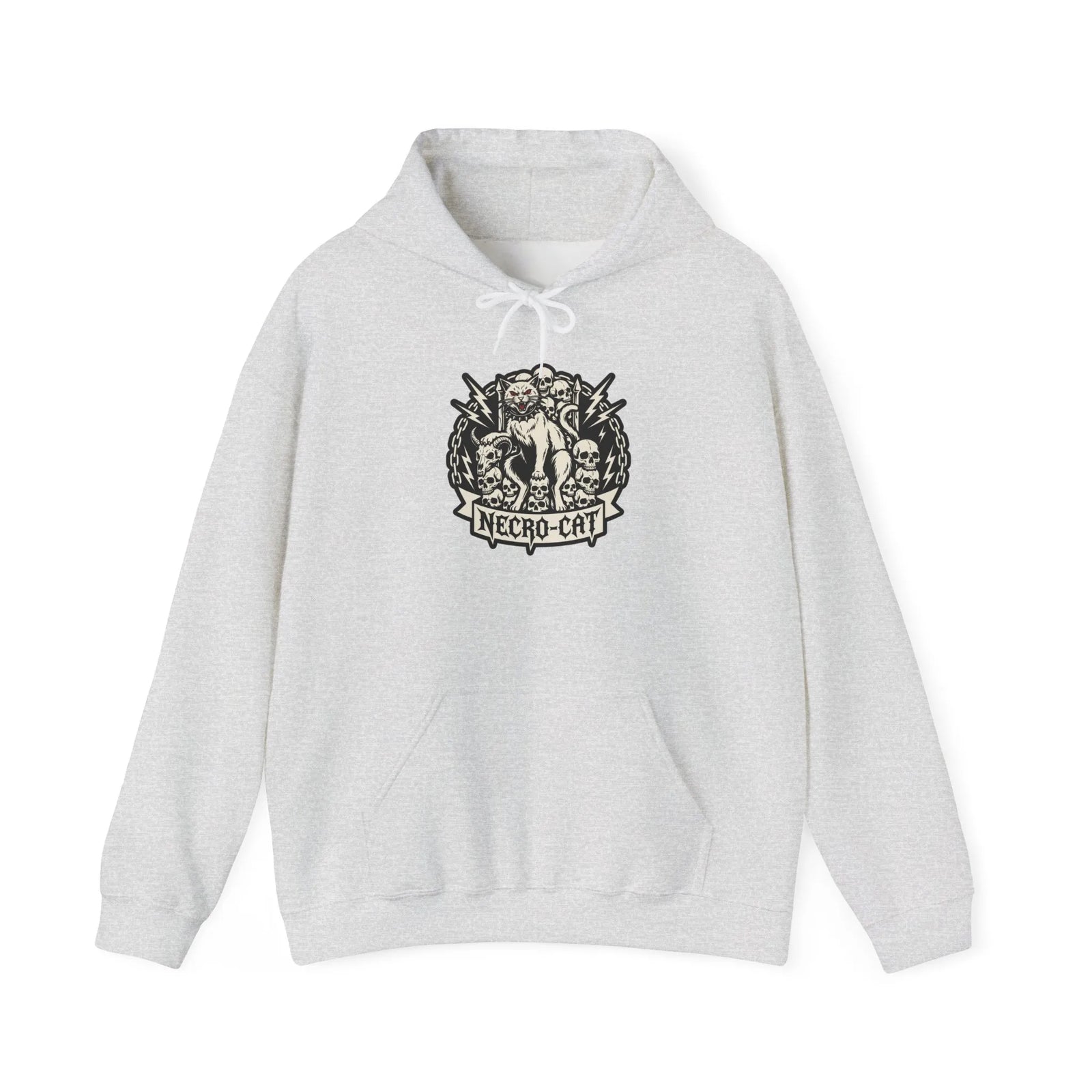 Necro-Cat Skull Throne Graphic Hoodie - Heavyweight Cotton Blend Pullover - Unisex White