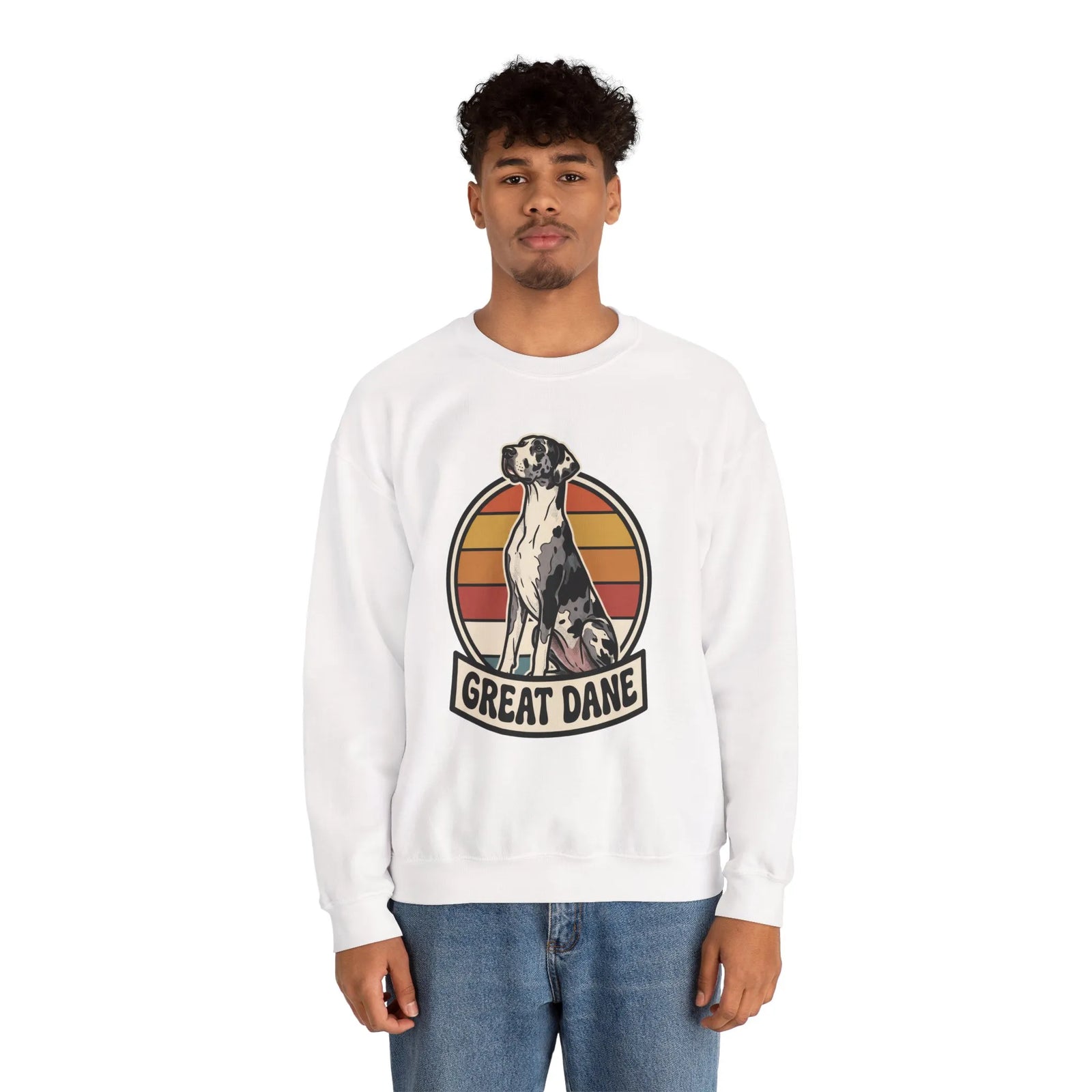 Great Dane Retro Sunset Breeds Sweatshirt - Heavy Blend Crewneck 50/50 Cotton Poly - Unisex White