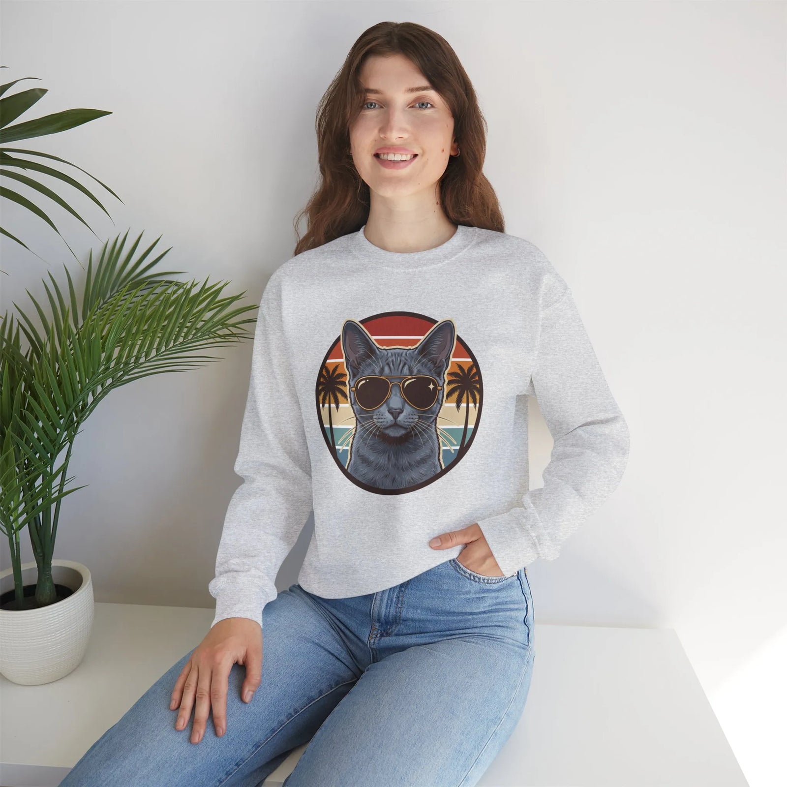 Russian Blue Cat Aviator Sunglasses Sweatshirt - Heavy Blend Fleece Crewneck - Unisex White