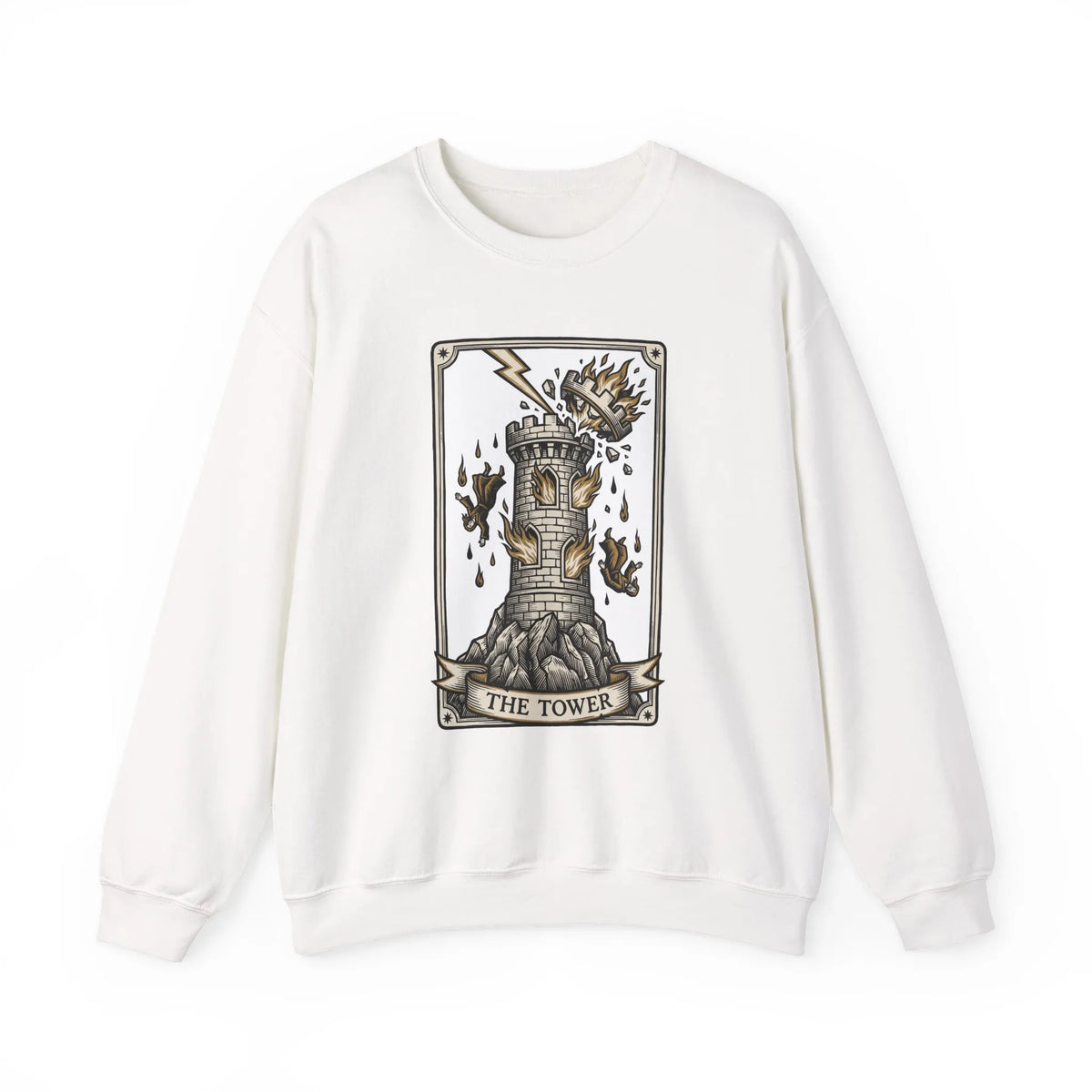 The Tower Tarot Card Sweatshirt - Heavy Blend Fleece Crewneck - Unisex White