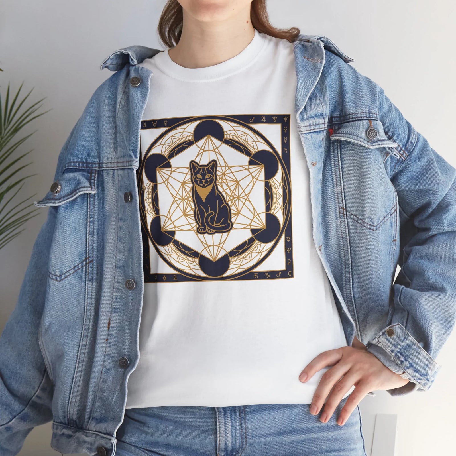 Metatron's Cat Sacred Geometry T-Shirt - Heavyweight Cotton Classic Fit Tee - Unisex White