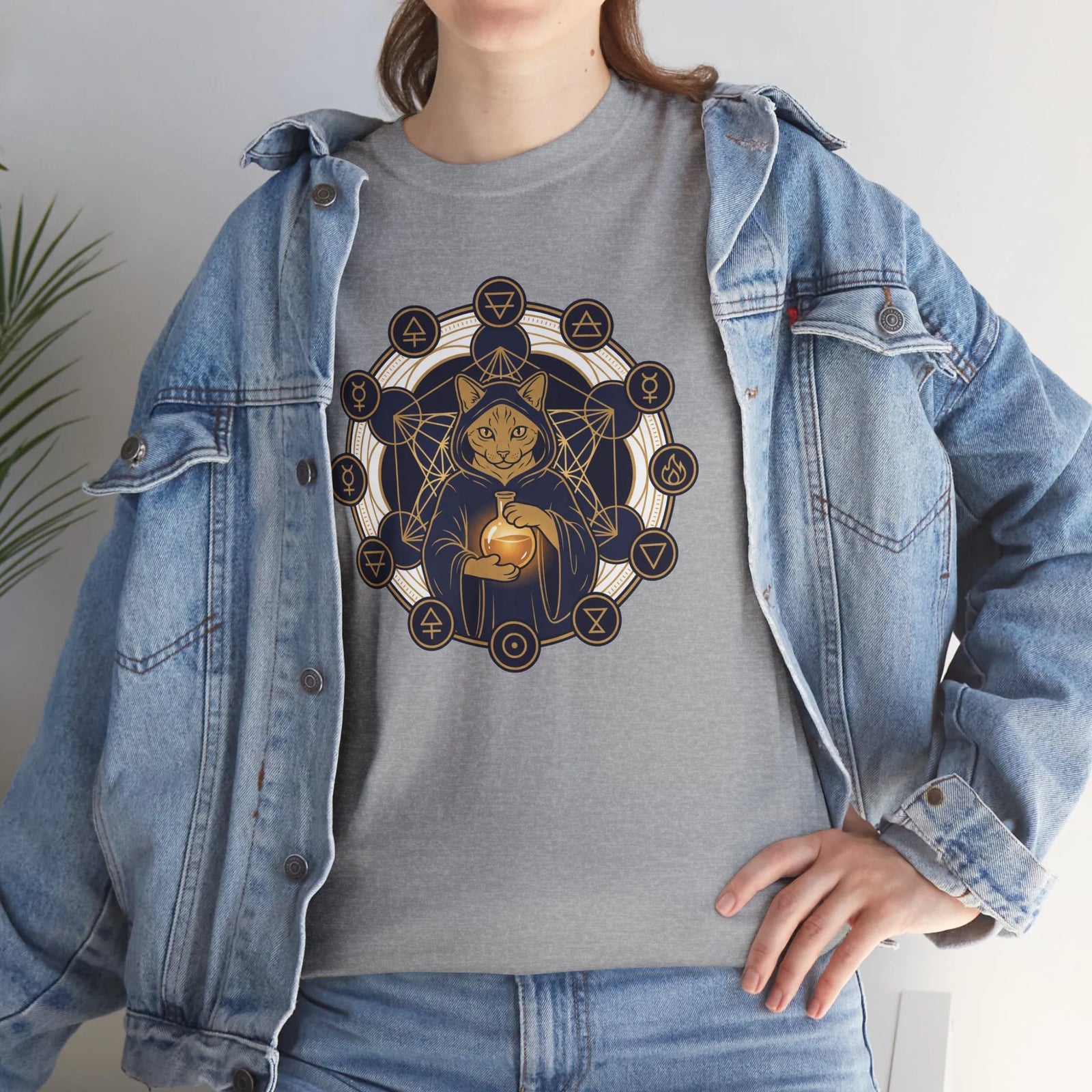 Alchemist Cat Sacred Geometry T-Shirt - Durable Heavy Cotton Tee - Unisex White