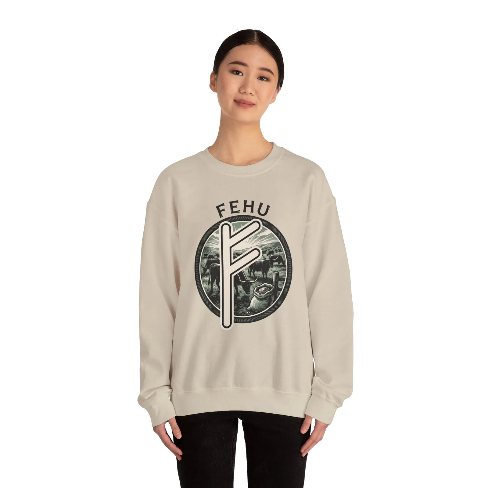 Fehu Rune Wealth Graphic Sweatshirt - Heavyweight 50/50 Fleece Crewneck - Unisex White