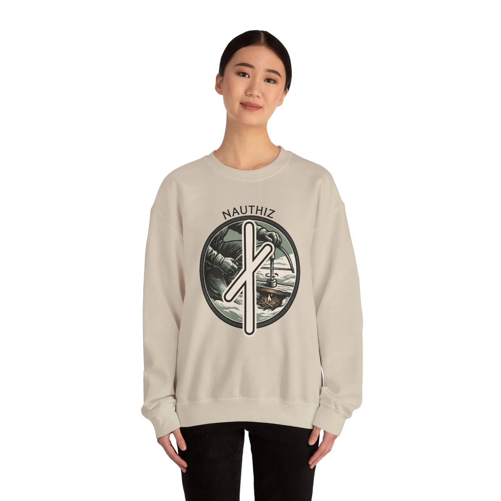 Nauthiz Rune Need-Fire Sweatshirt - Heavy Blend Fleece Crewneck - Unisex White