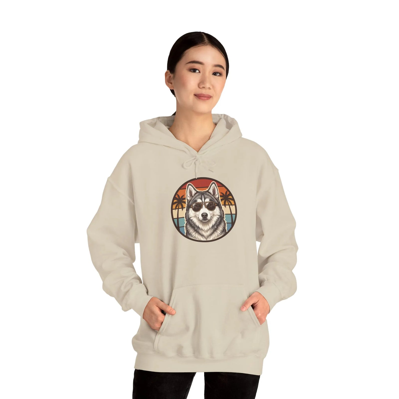 Siberian Husky Aviator 70s Sunset Hoodie - Soft Cotton Blend Pullover - Unisex White