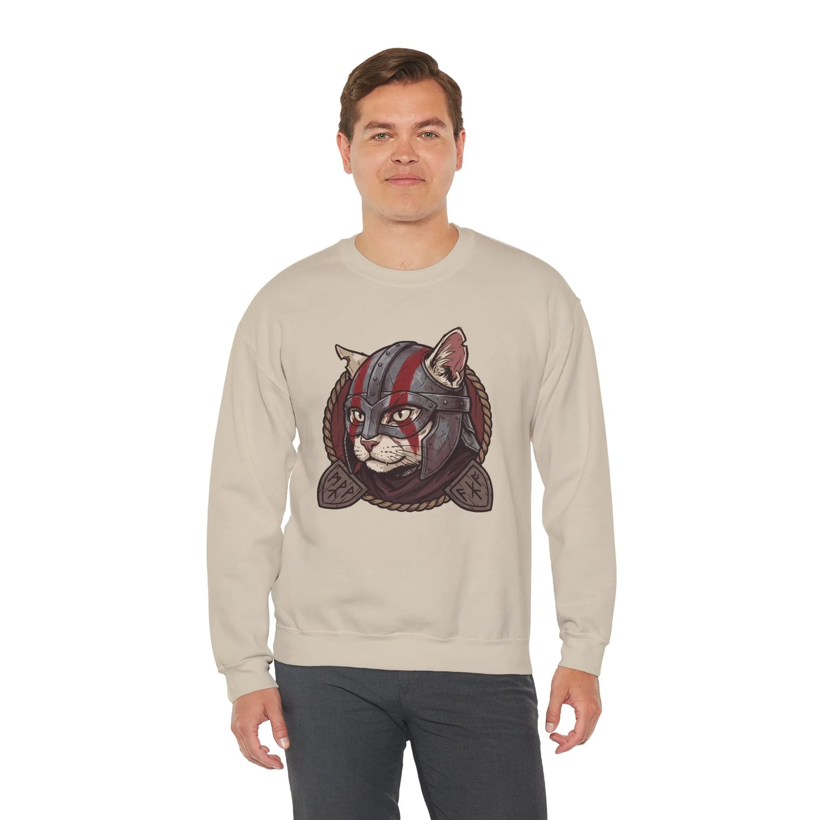 Viking Berserker Cat Graphic Sweatshirt - Heavy Blend Fleece Crewneck - Unisex White