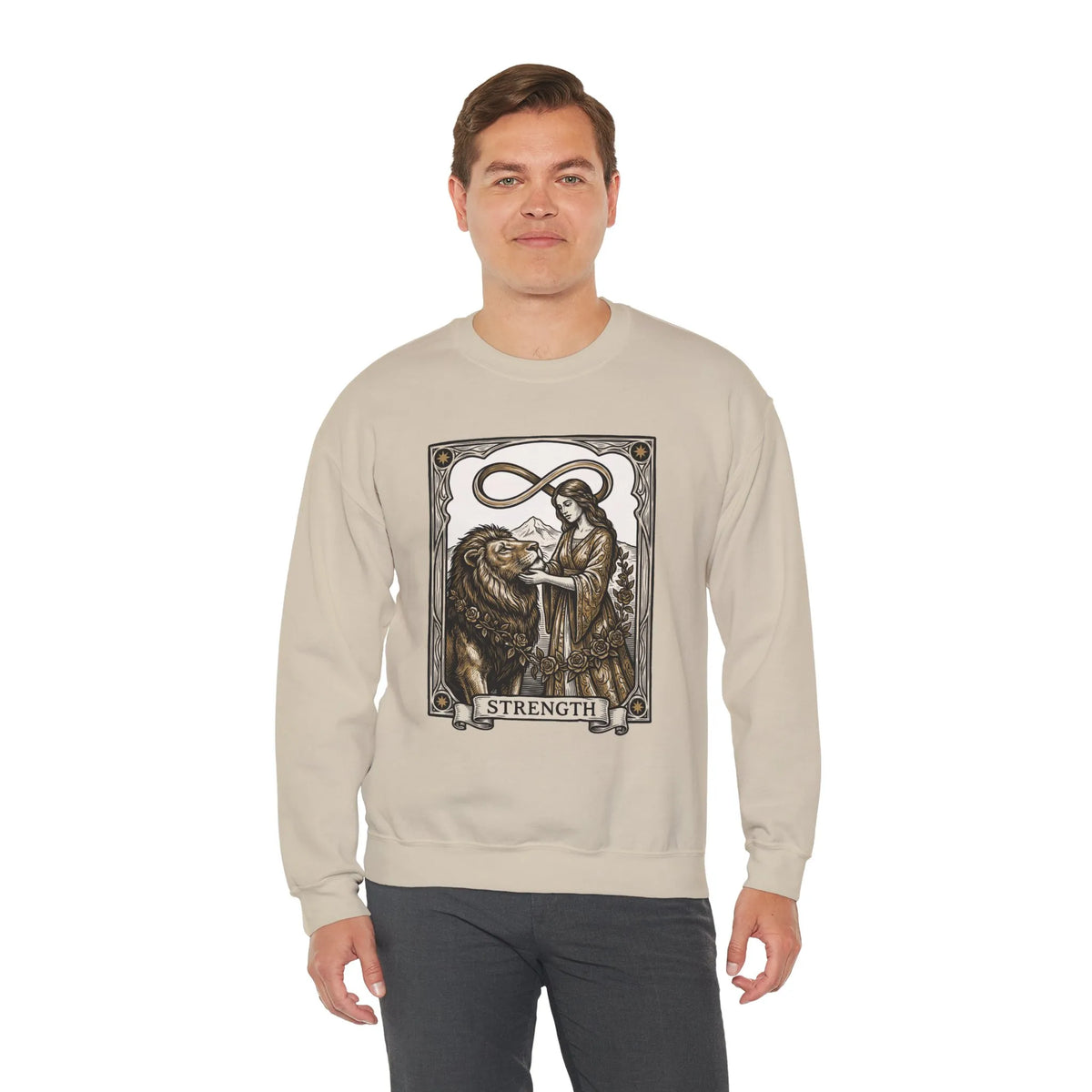 Strength Tarot Card Sweatshirt - Heavy Blend Crewneck Fleece - Unisex White
