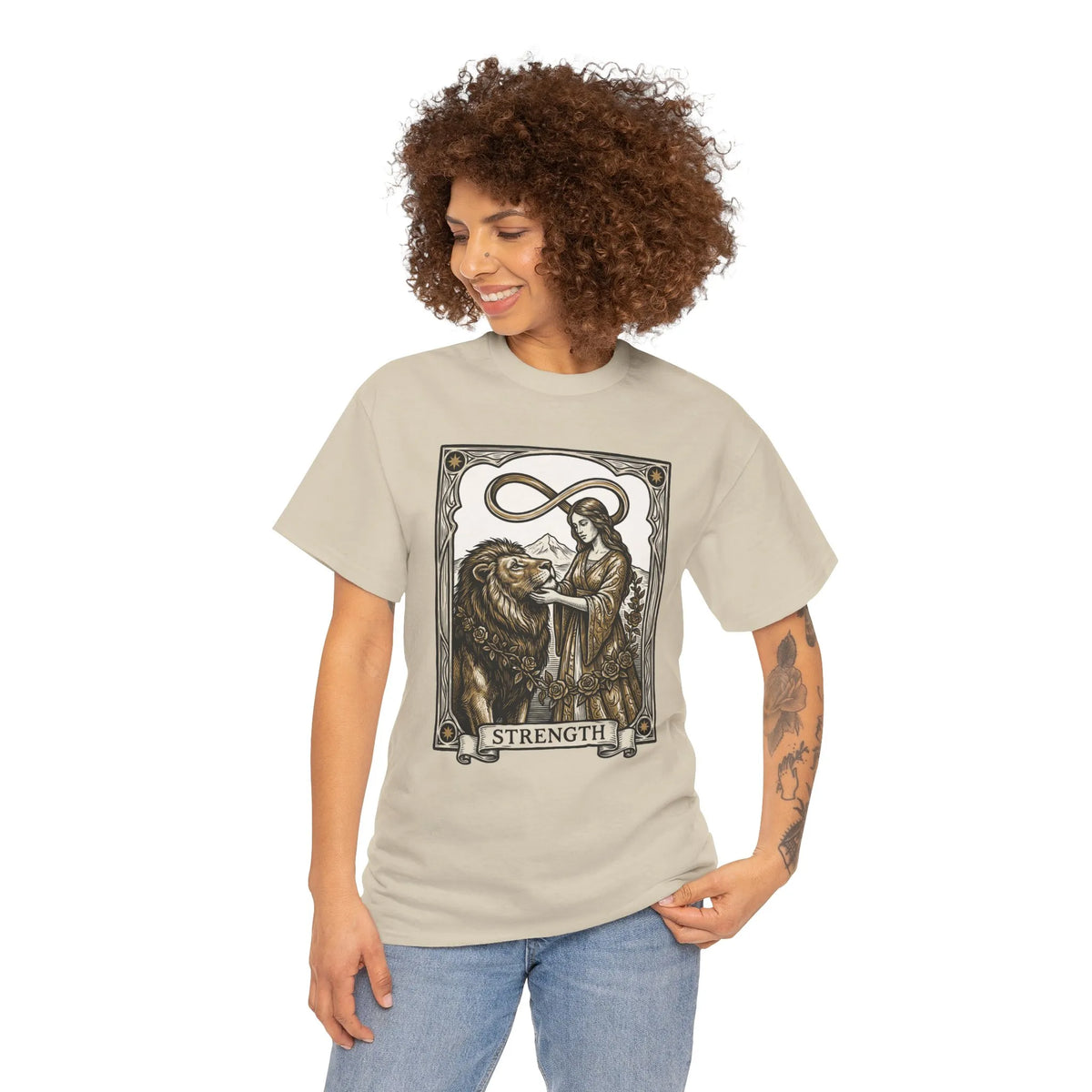 Tarot Strength Card Graphic T-Shirt - Heavy Cotton Classic Fit Crewneck - Unisex White