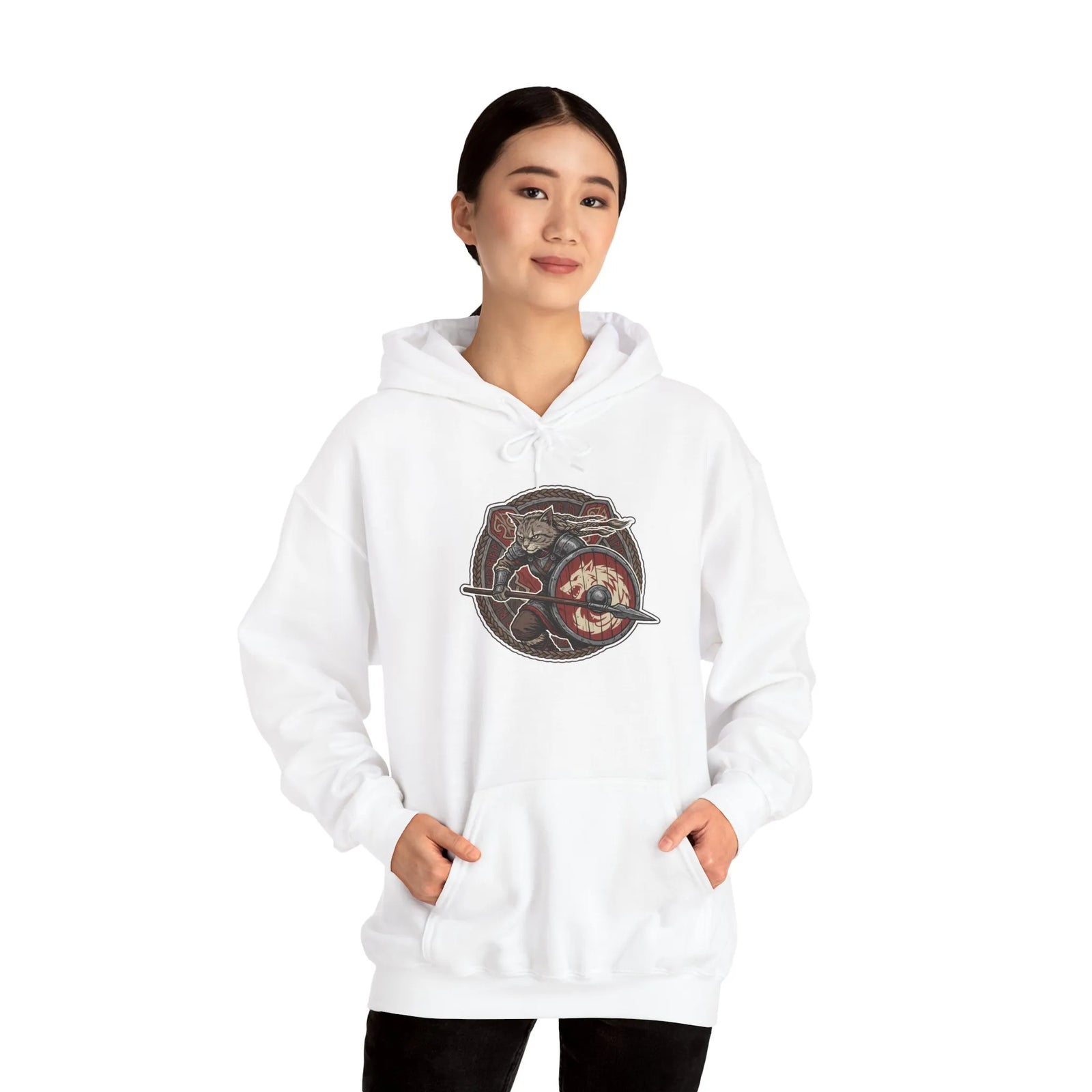 Viking Berserker Cat Shieldmaiden Hoodie - Heavy Blend Fleece Pullover - Unisex White