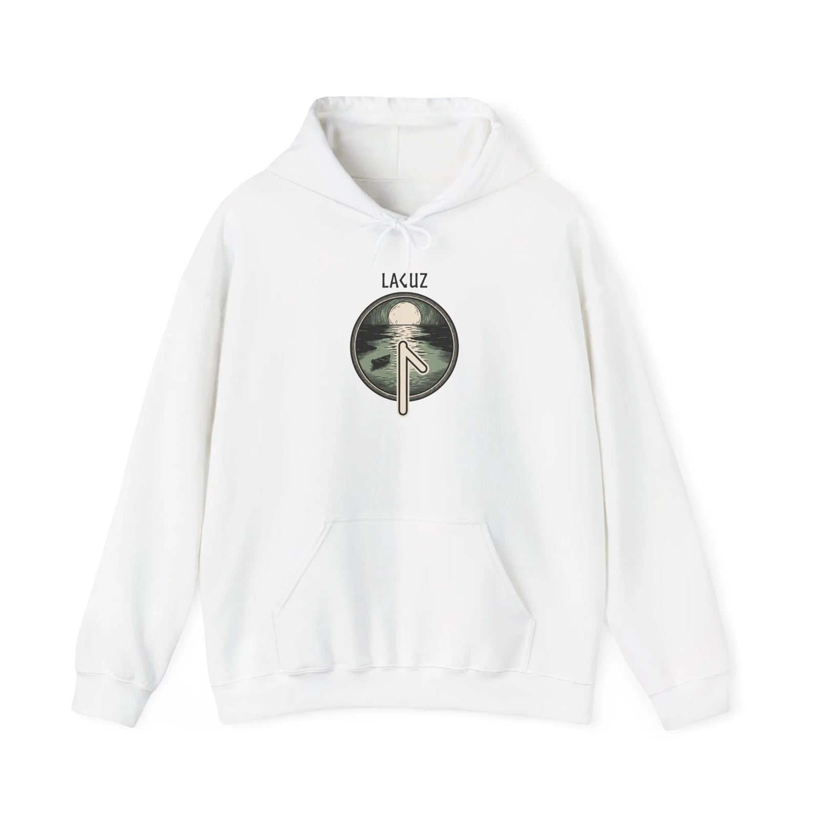 Laguz Rune Water Moon Graphic Hoodie - Medium-Heavy Cotton Blend Pullover - Unisex White