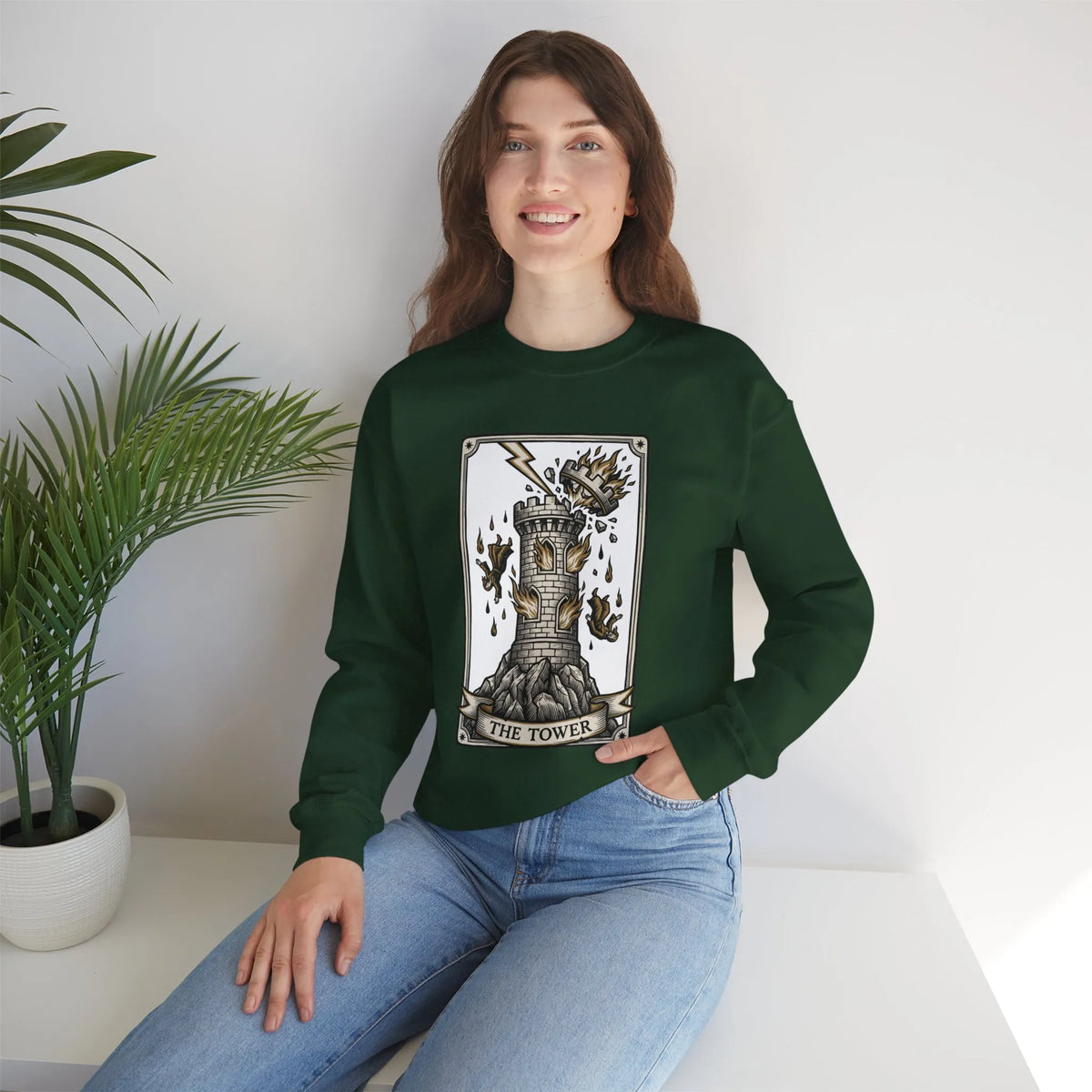 The Tower Tarot Card Sweatshirt - Heavy Blend Fleece Crewneck - Unisex White