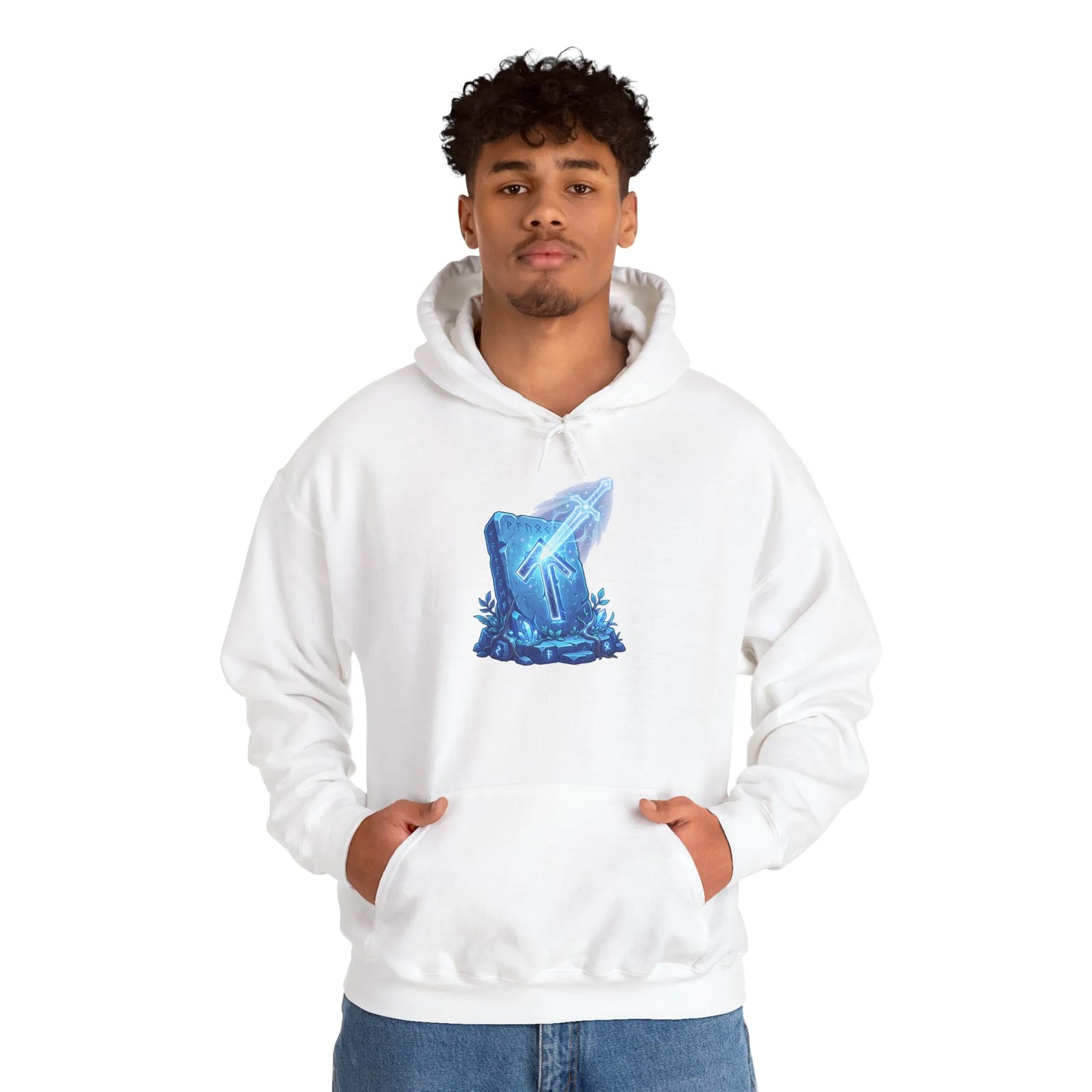 Tiwaz Tyr Sword Graphic Hoodie - Classic Fit Pouch Pocket Fleece - Unisex White